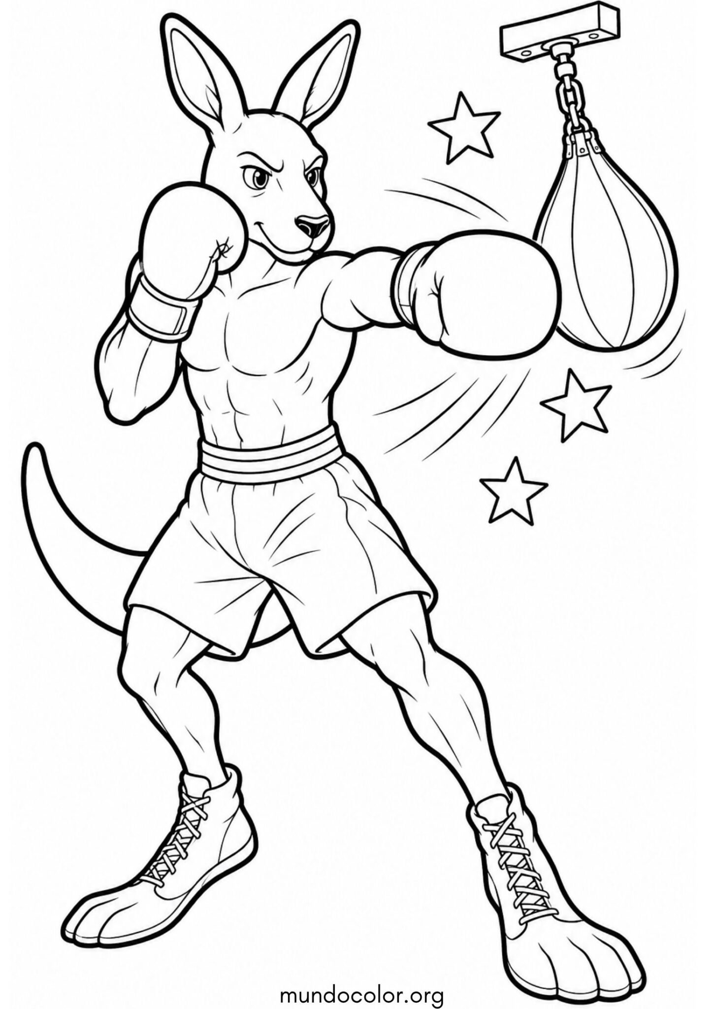 Dibujo de Canguro boxeador con guantes rojos de boxeo y pantalón deportivo para colorear