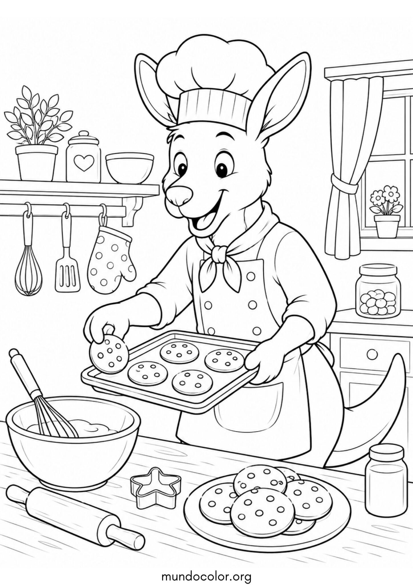 Dibujo de Canguro chef con gorro de cocinero preparando galletas para imprimir Dibujo de Canguro chef con gorro de cocinero preparando galletas para colorear