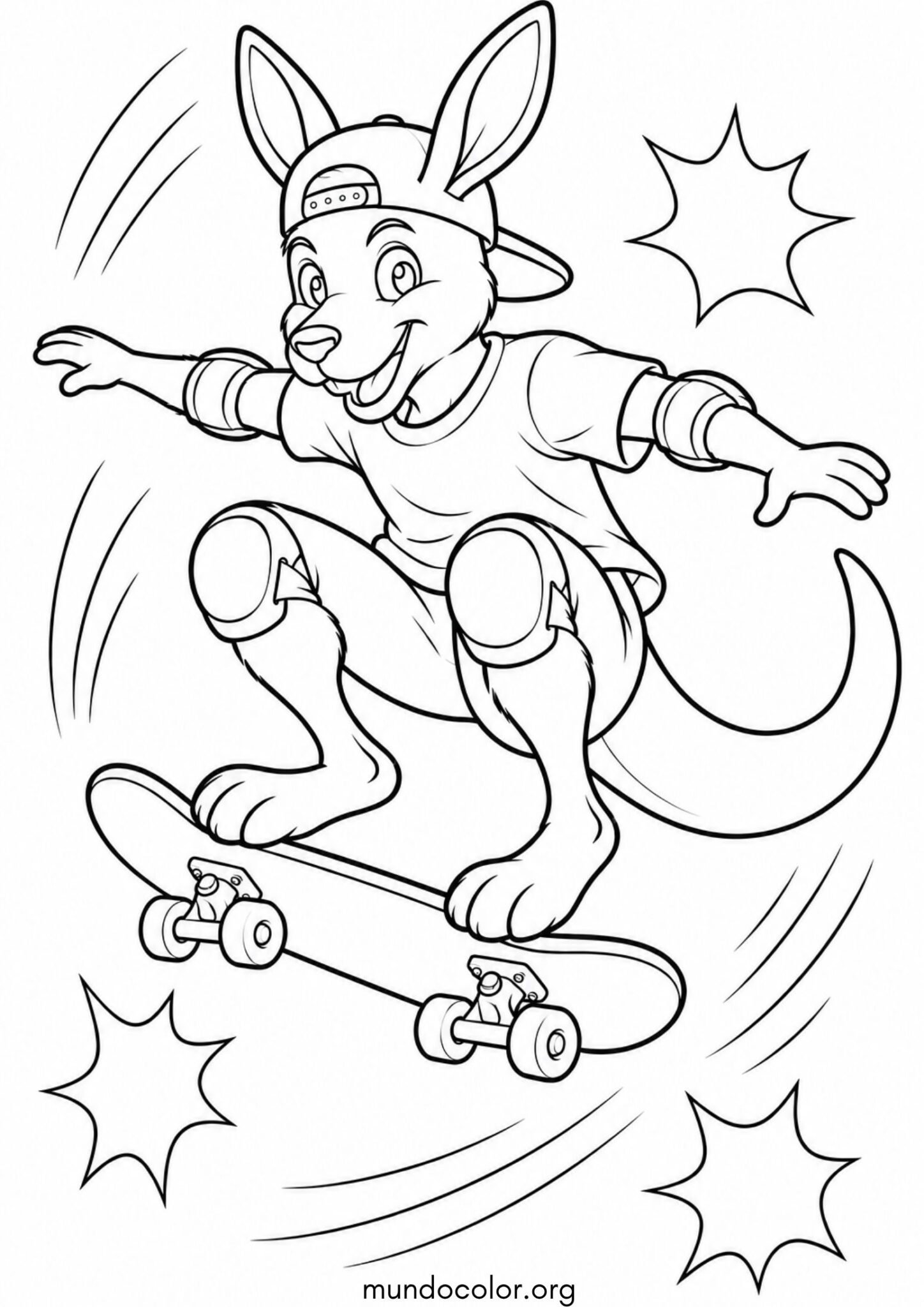 Dibujo de Canguro con patineta / monopatín y gorra hacia atrás para colorear