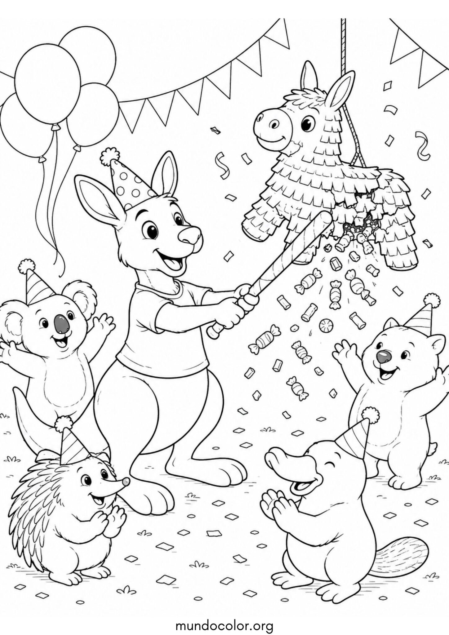 Dibujo de Canguro festejando su cumpleaños con amigos y rompiendo una piñata para imprimir Dibujo de Canguro festejando su cumpleaños con amigos y rompiendo una piñata para colorear