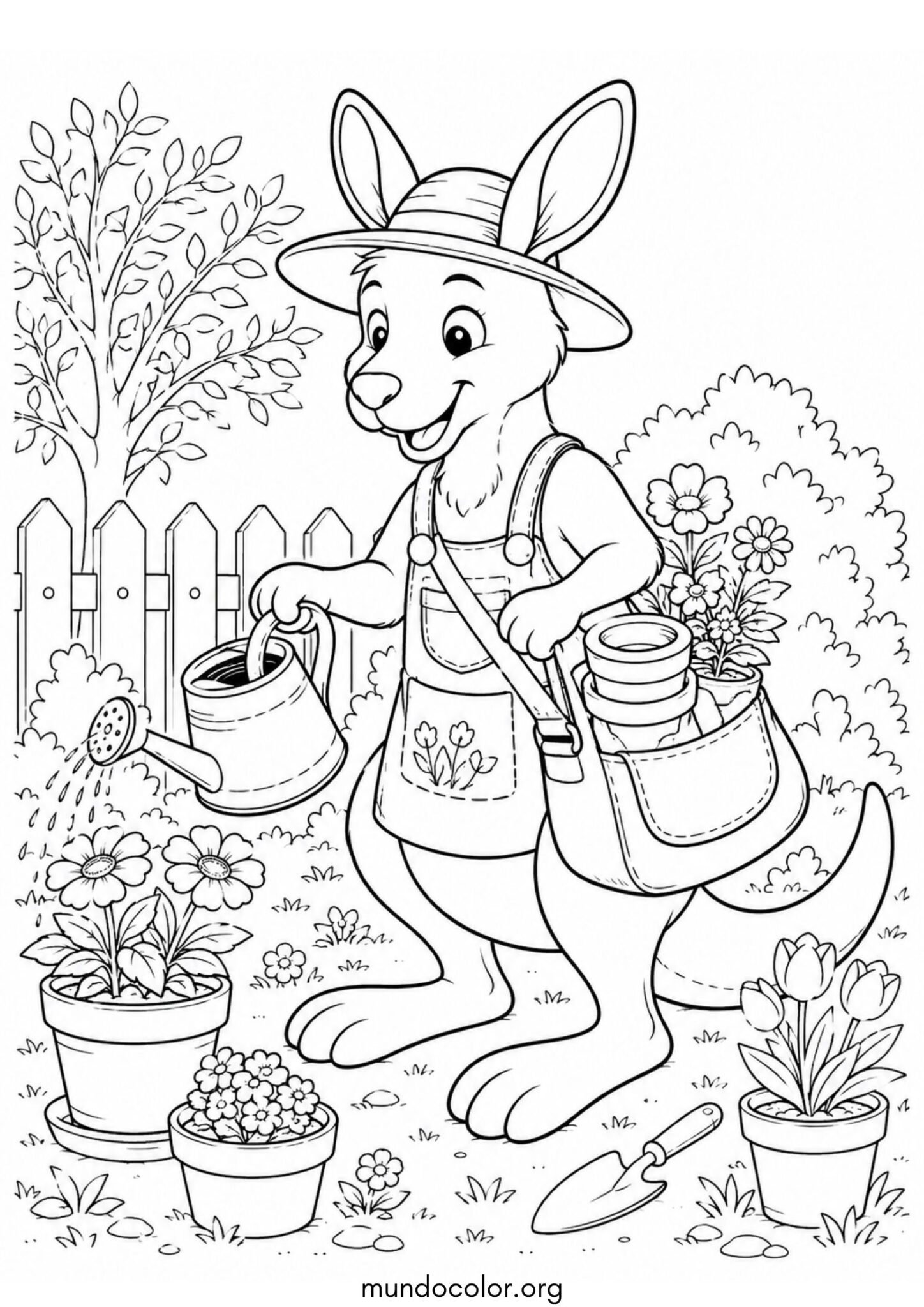 Dibujo de Canguro jardinero con regadera y macetas con flores en su bolsa para imprimir Dibujo de Canguro jardinero con regadera y macetas con flores en su bolsa para colorear
