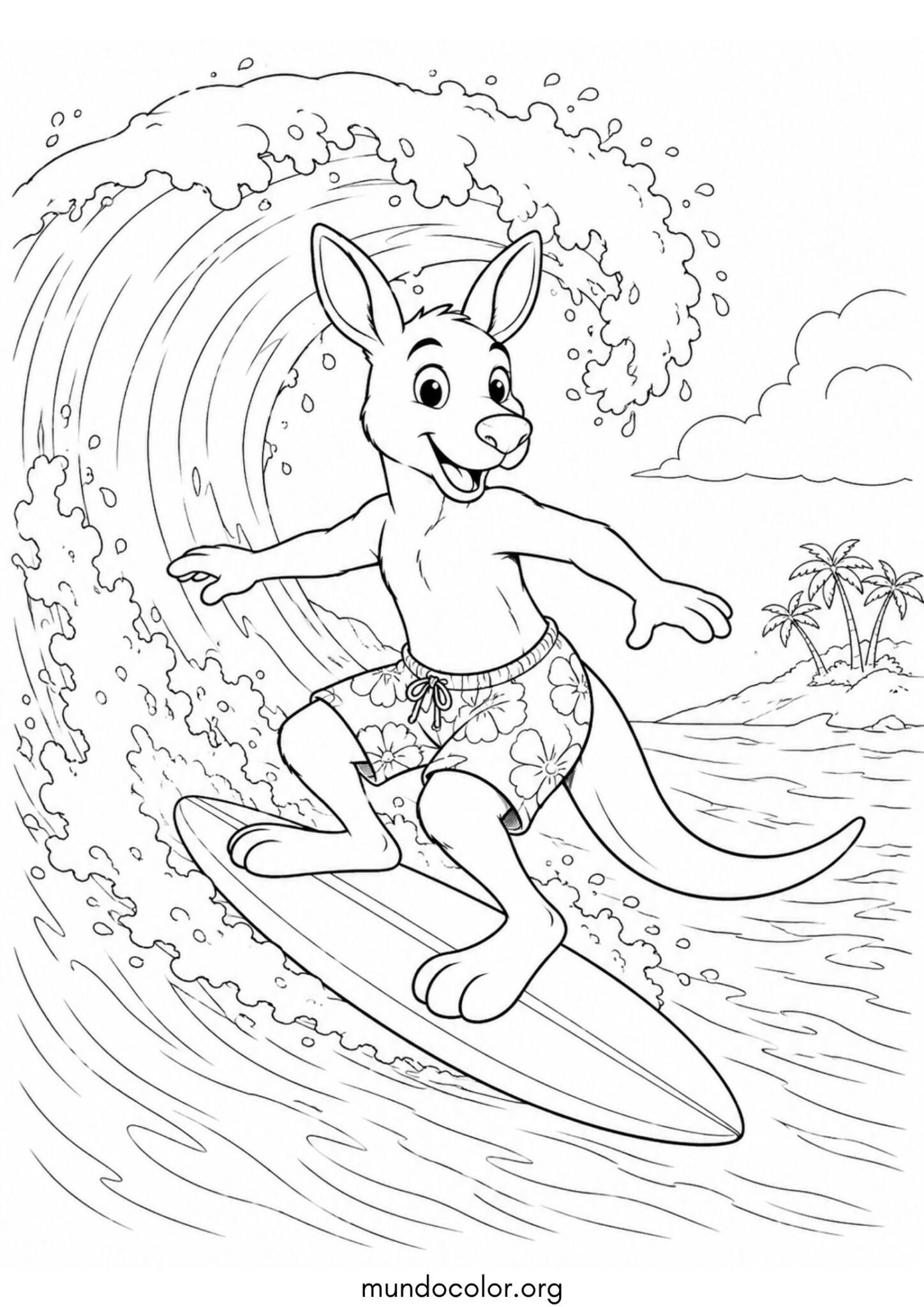 Dibujo de Canguro surfeando en una gran ola del océano australiano para imprimir Dibujo de Canguro surfeando en una gran ola del océano australiano para colorear