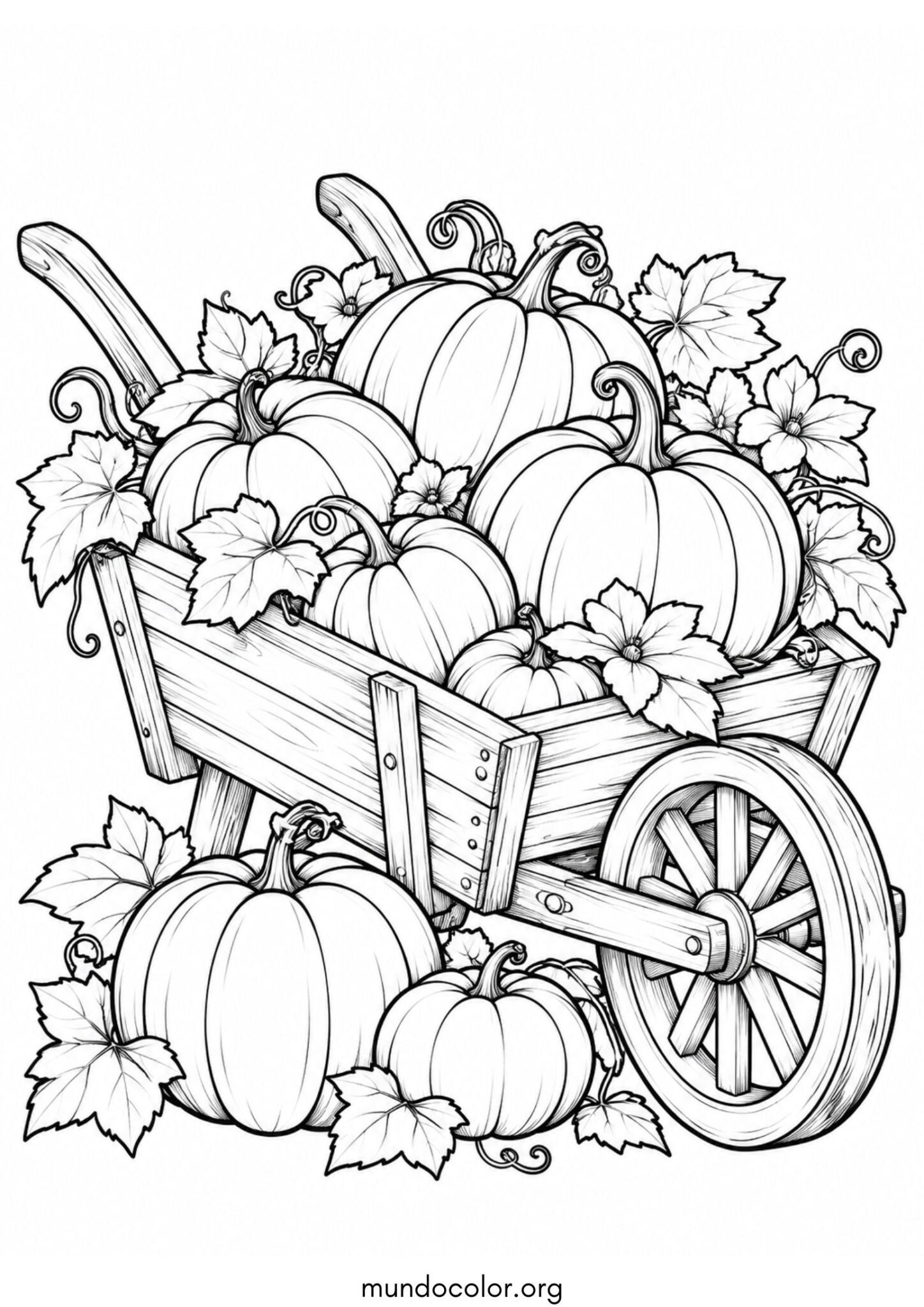 Carretilla de madera llena de calabazas para imprimir y pintar Dibujo de Carretilla de madera llena de calabazas para colorear