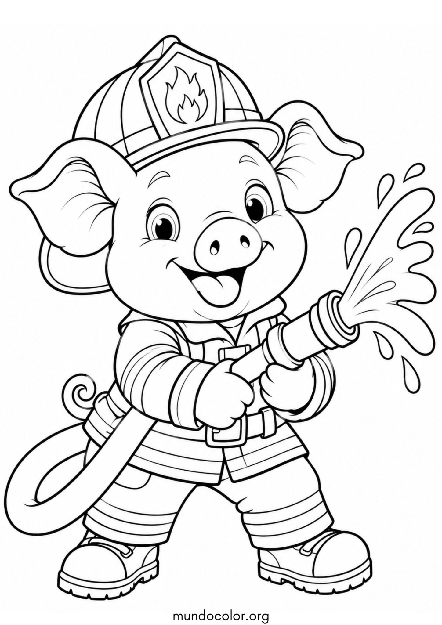 Dibujo de Cerdito bombero con manguera para imprimir Dibujo de Cerdito bombero con manguera para colorear