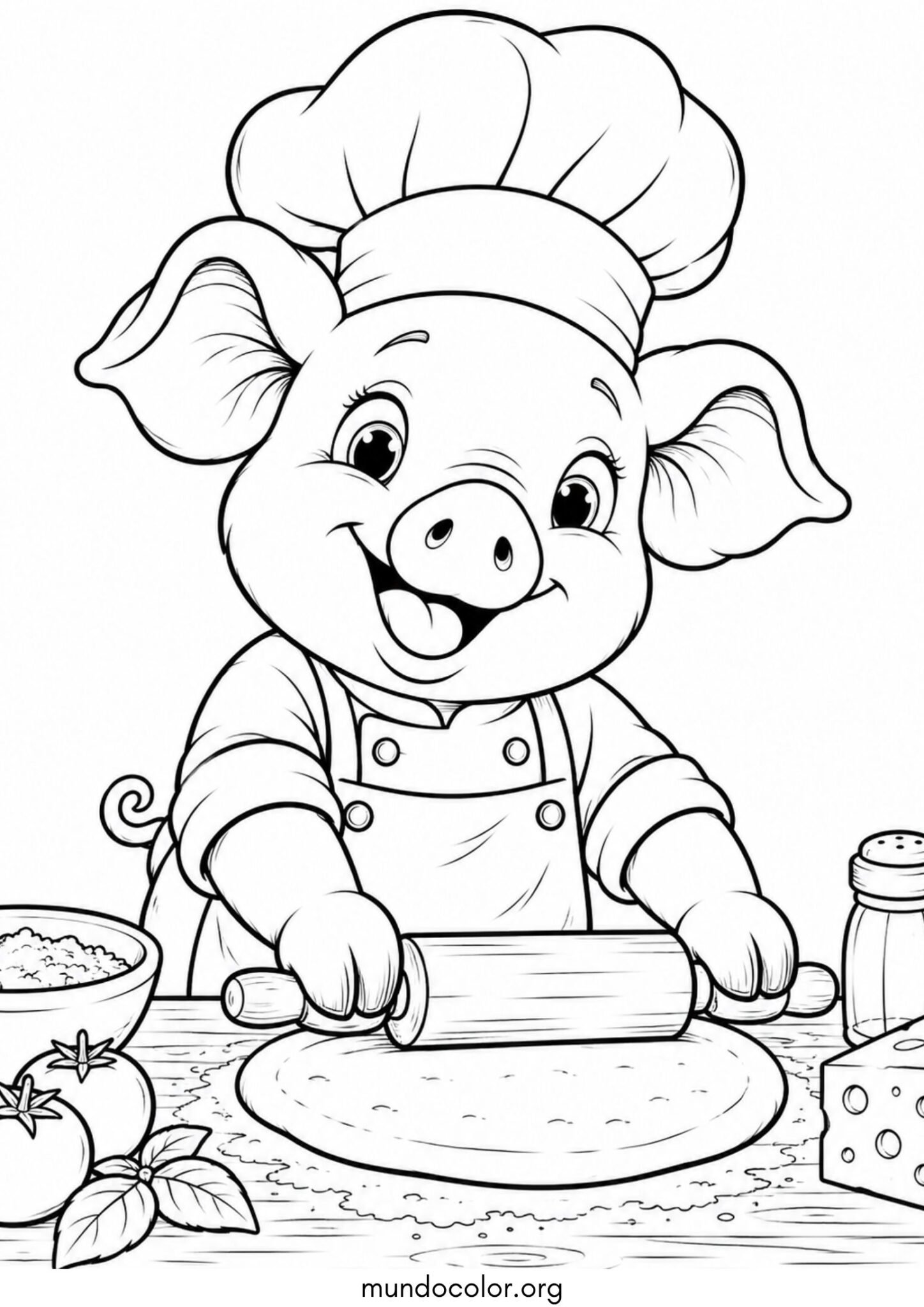 Dibujo de Cerdito chef amasando pizza con gorro para colorear