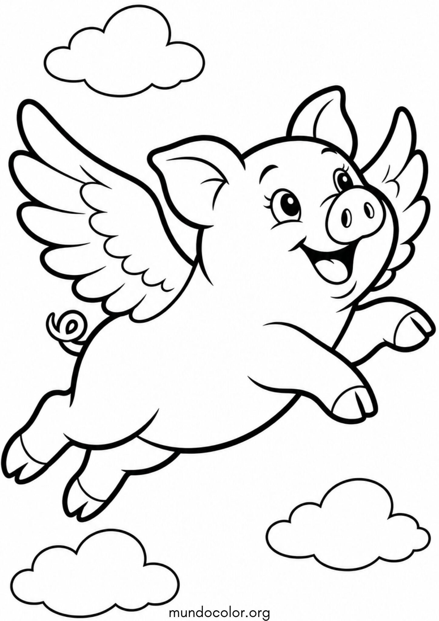 Dibujo de Cerdito con alas de ángel volando entre las nubes («Cuando los cerdos vuelen») para colorear