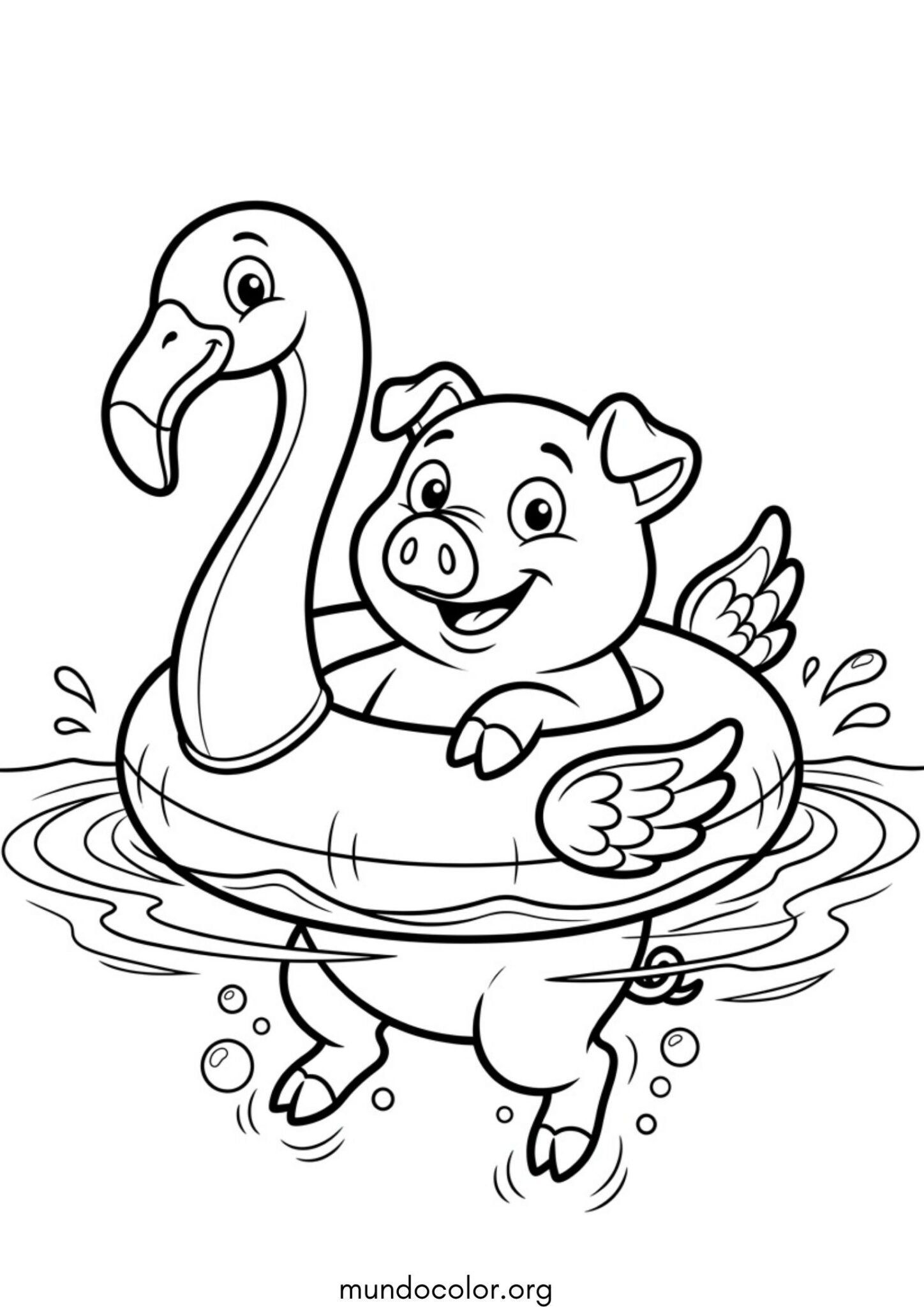Dibujo de Cerdito con flotador de flamenco en la piscina para imprimir Dibujo de Cerdito con flotador de flamenco en la piscina para colorear