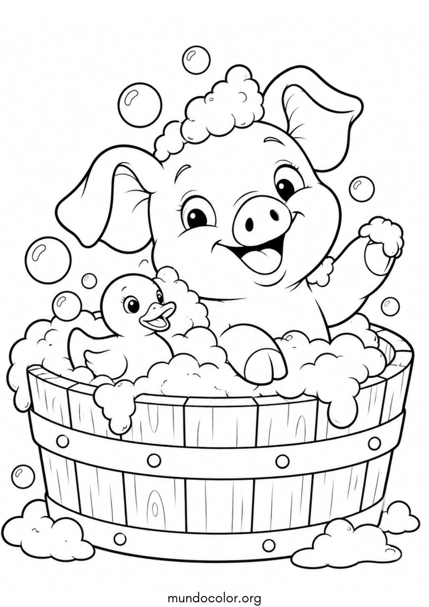 Dibujo de Cerdito dándose un baño de burbujas en un balde de madera para imprimir Dibujo de Cerdito dándose un baño de burbujas en un balde de madera para colorear