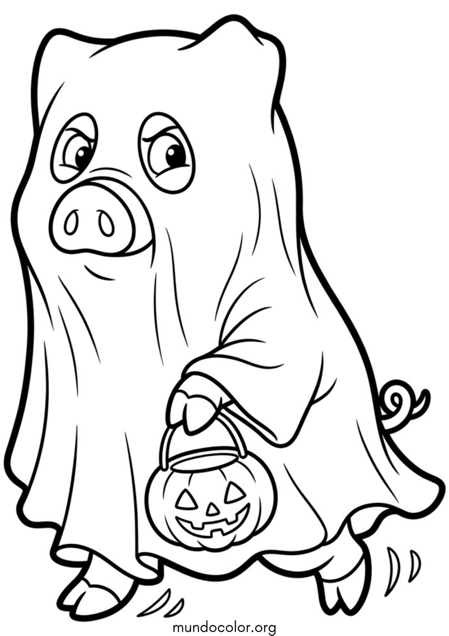 Dibujo de Cerdito de Halloween disfrazado de fantasma con una sábana para imprimir Dibujo de Cerdito de Halloween disfrazado de fantasma con una sábana para colorear