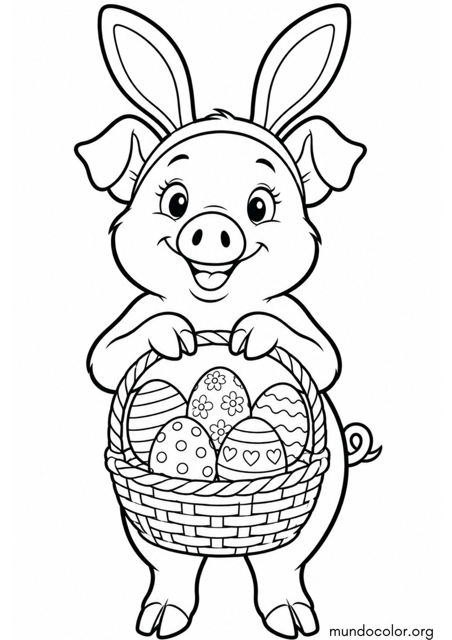 Dibujo de Cerdito de Pascua con orejas postizas de conejo y canasta de huevos para colorear