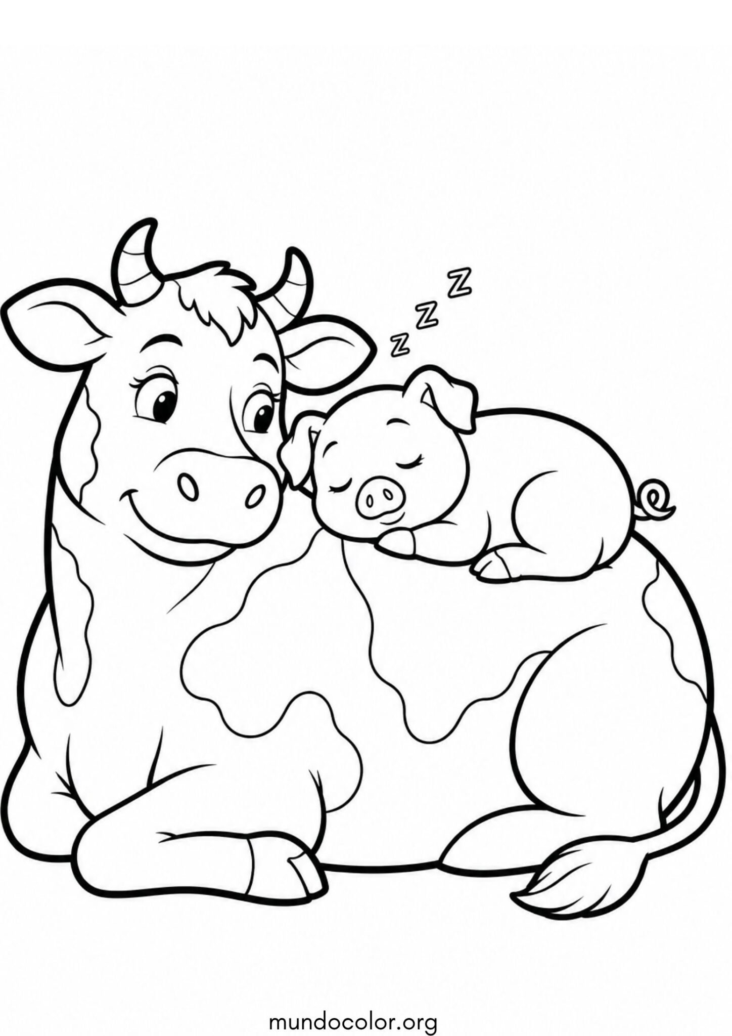 Dibujo de Cerdito durmiendo una siesta sobre el lomo de una vaca mansa para imprimir Dibujo de Cerdito durmiendo una siesta sobre el lomo de una vaca mansa para colorear