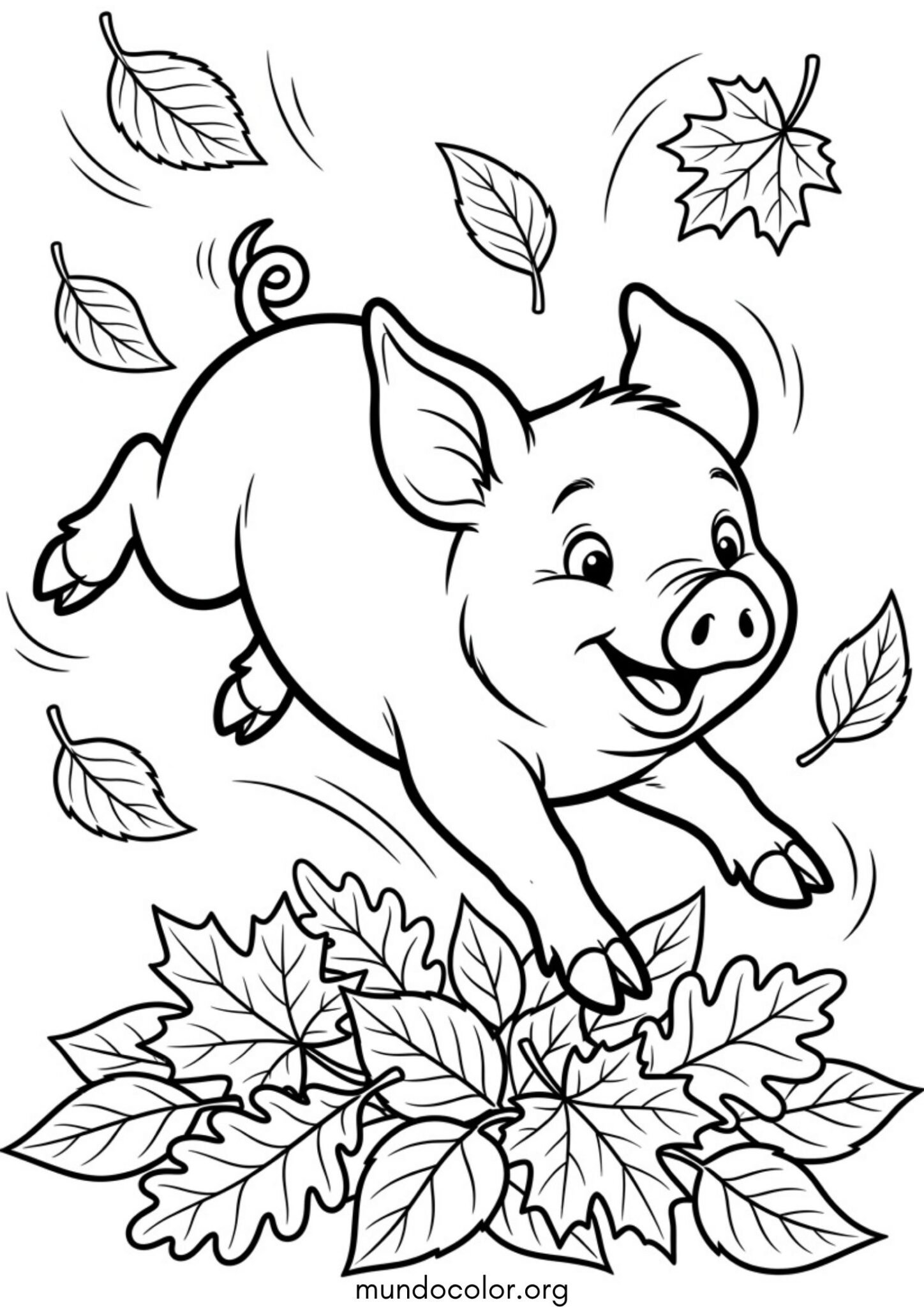 Dibujo de Cerdito en otoño saltando sobre un montón de hojas secas para colorear