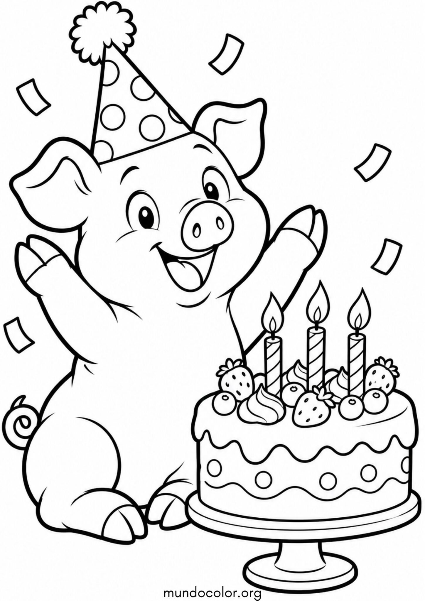 Dibujo de Cerdito festejando su cumpleaños con pastel y gorrito festivo para imprimir Dibujo de Cerdito festejando su cumpleaños con pastel y gorrito festivo para colorear