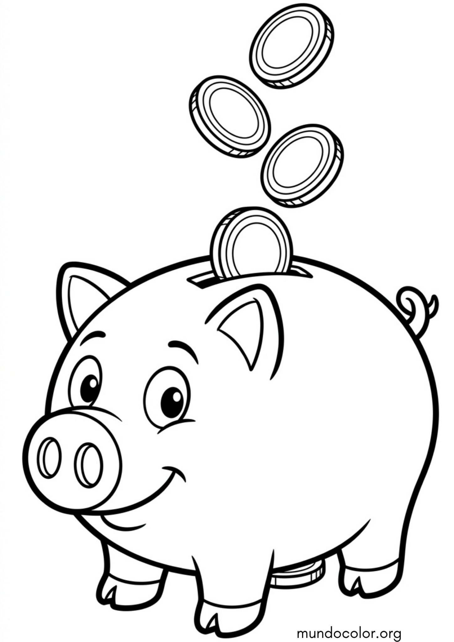 Dibujo de Cerdito hucha / Alcancía con monedas cayendo en la ranura para colorear