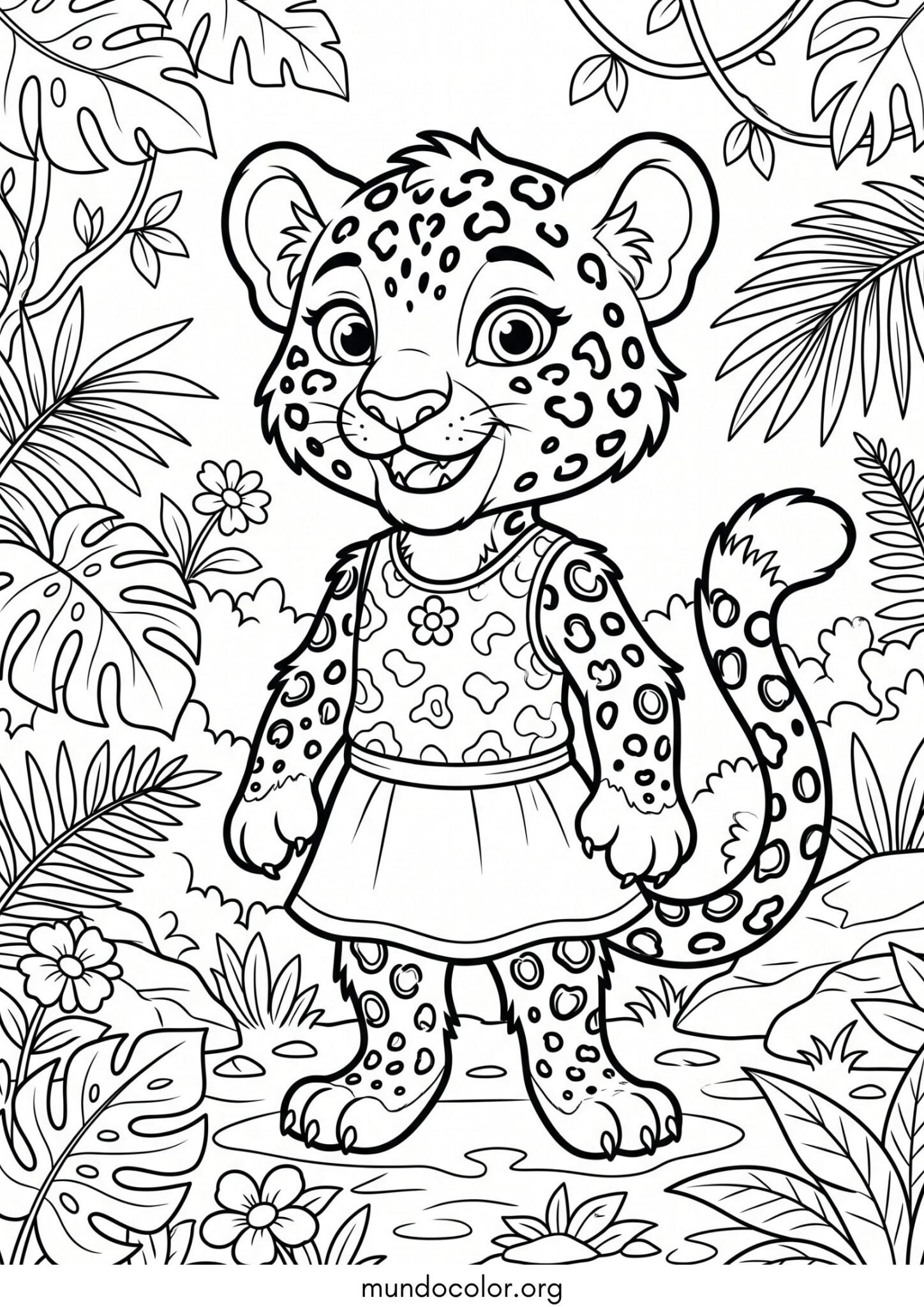 Dibujo de Chica leopardo con vestido para colorear