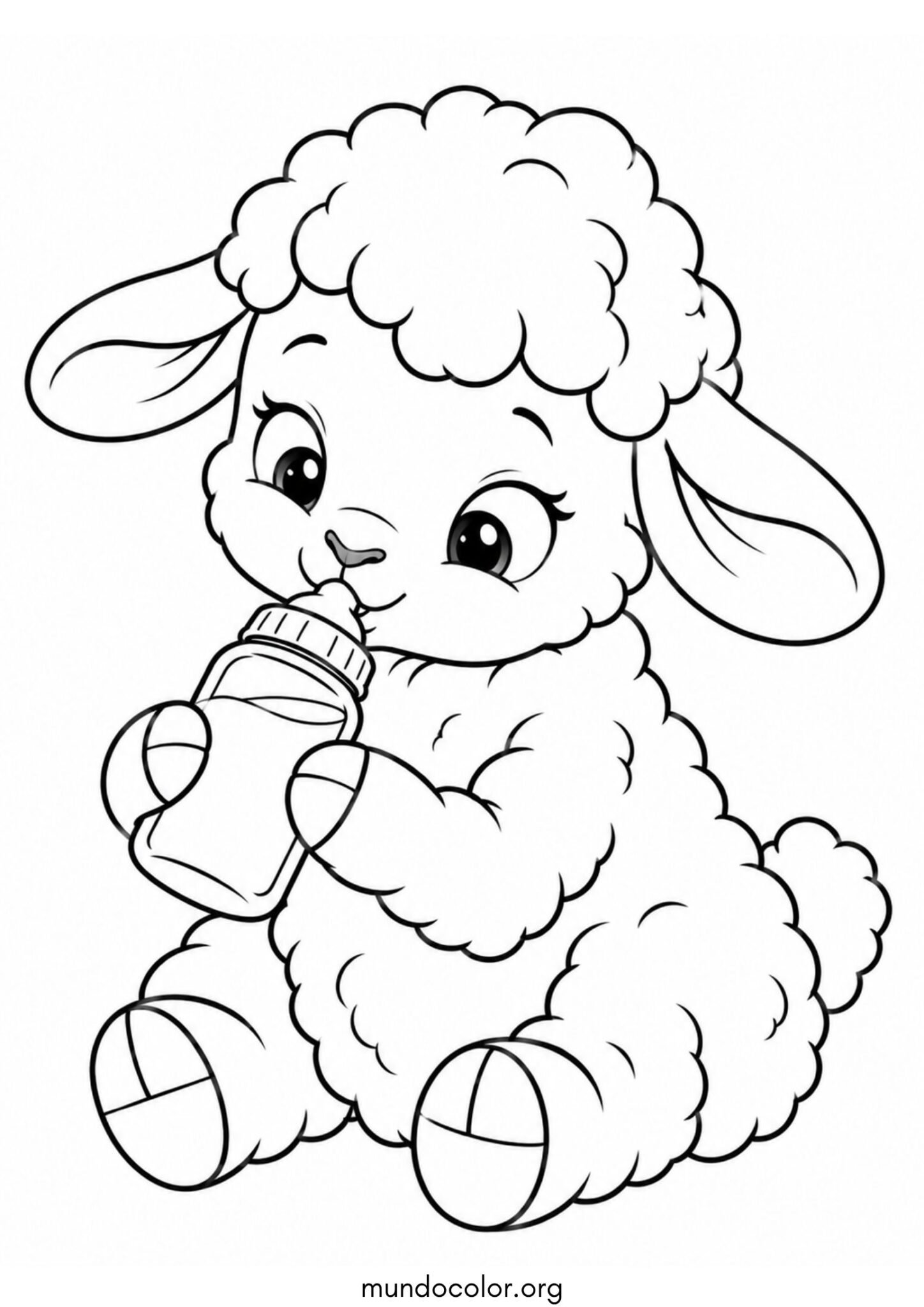 Dibujo de Corderito bebiendo leche de un biberón para imprimir Dibujo de Corderito bebiendo leche de un biberón para colorear