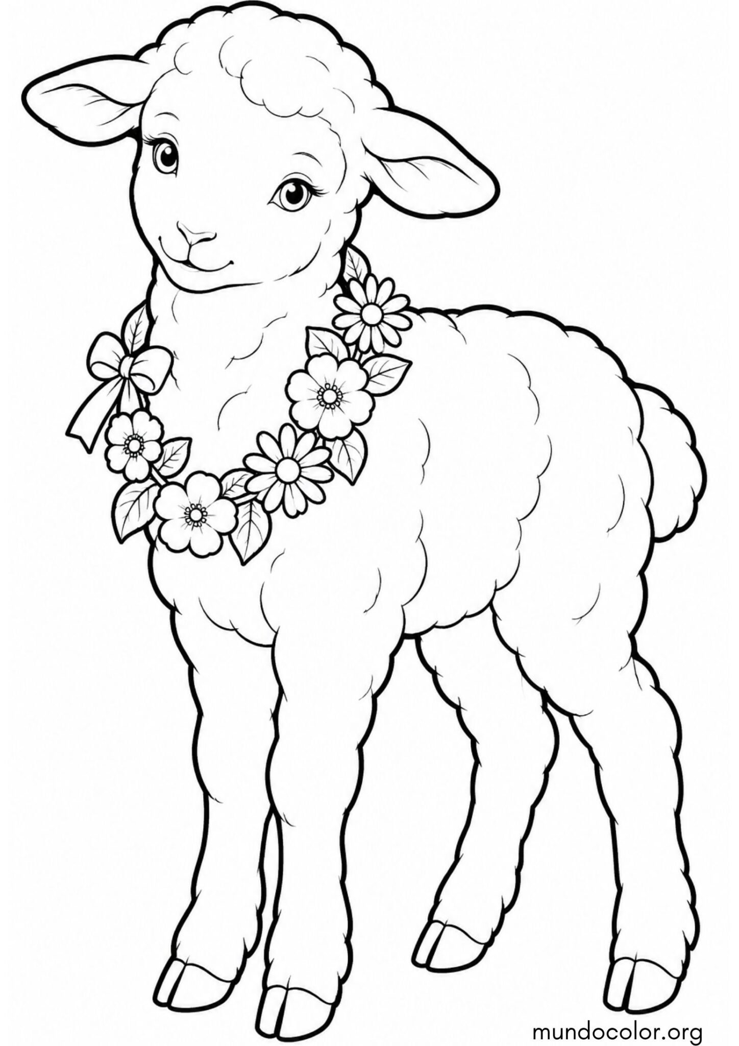 Dibujo de Corderito de Pascua con guirnalda de flores de primavera para colorear
