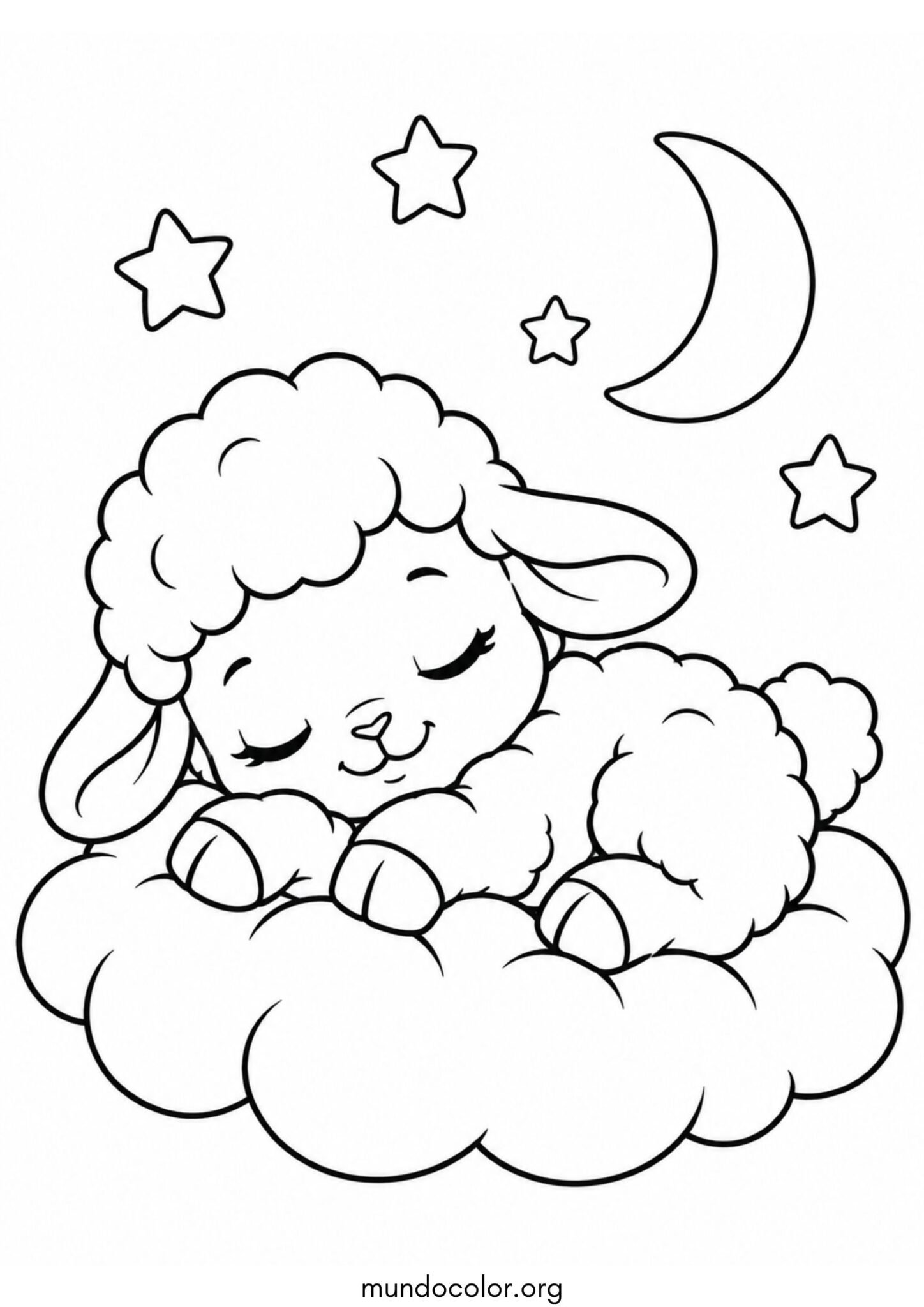 Dibujo de Corderito tierno durmiendo plácidamente sobre una nube de algodón para imprimir Dibujo de Corderito tierno durmiendo plácidamente sobre una nube de algodón para colorear
