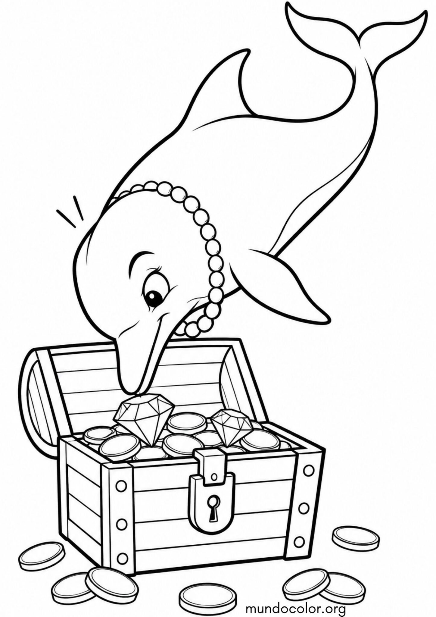 Dibujo de Delfín explorando un cofre del tesoro pirata para imprimir Dibujo de Delfín explorando un cofre del tesoro pirata para colorear