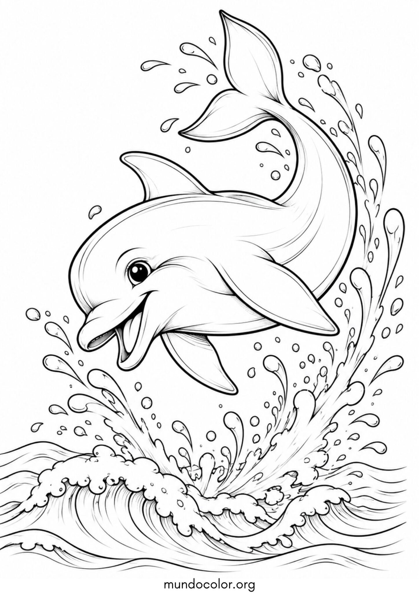 Dibujo de Delfín haciendo piruetas en el aire con salpicaduras de agua para imprimir Dibujo de Delfín haciendo piruetas en el aire con salpicaduras de agua para colorear
