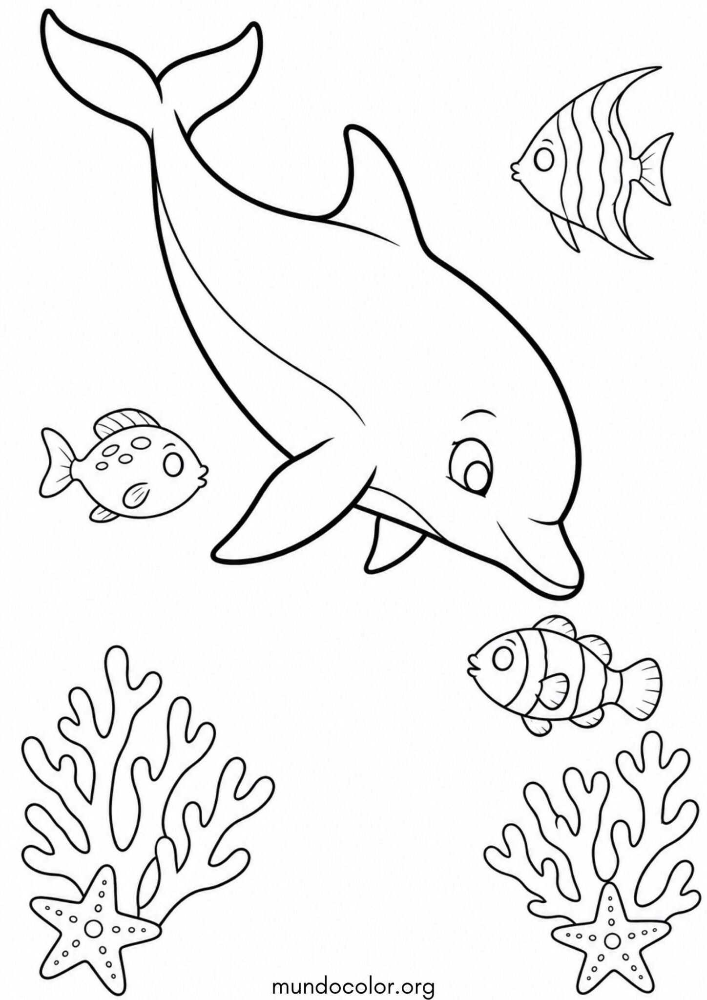 Dibujo de Delfín nadando entre corales, estrellas de mar y pececitos para colorear