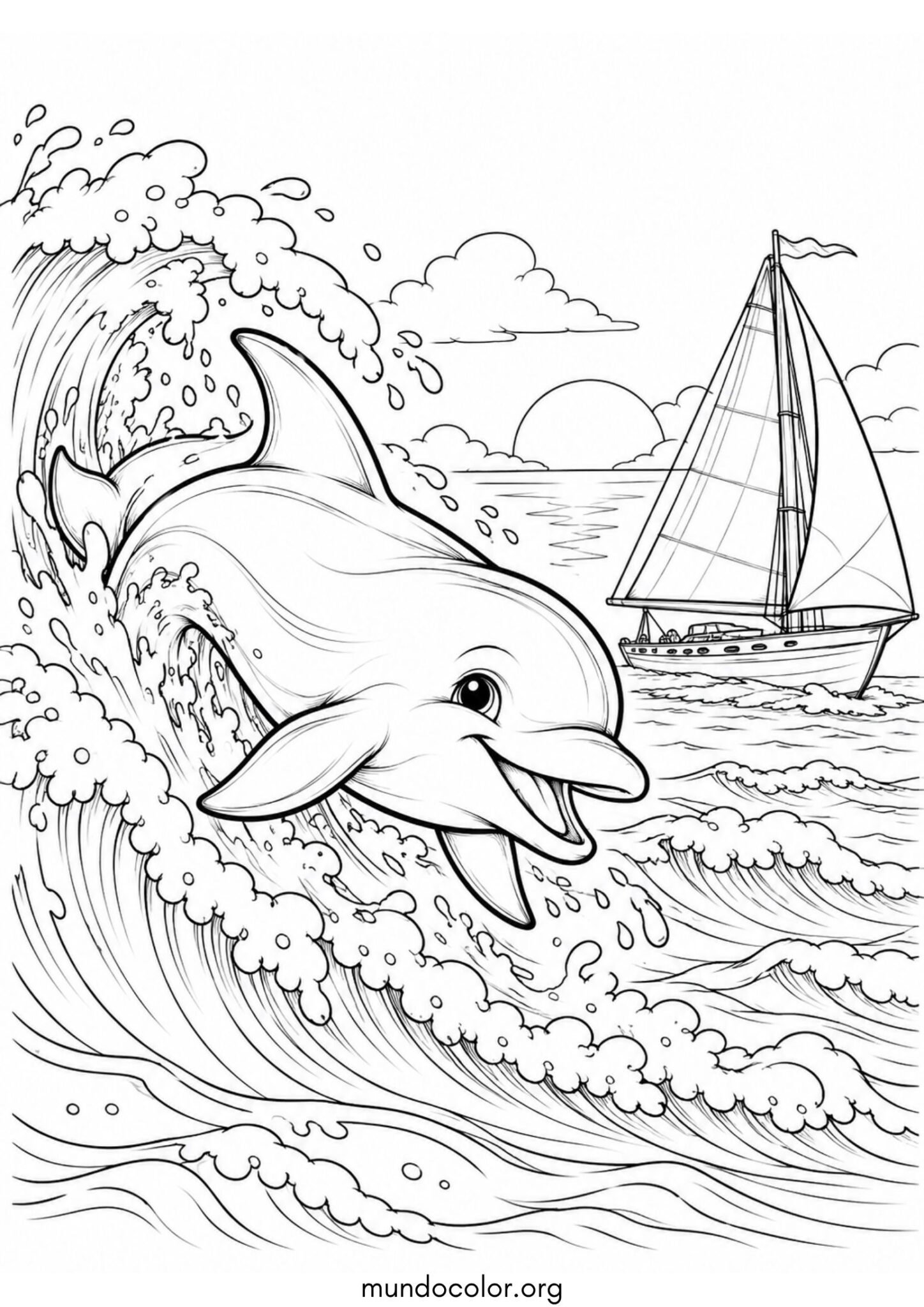 Dibujo de Delfín surfeando una gran ola junto a un barco velero para imprimir Dibujo de Delfín surfeando una gran ola junto a un barco velero para colorear