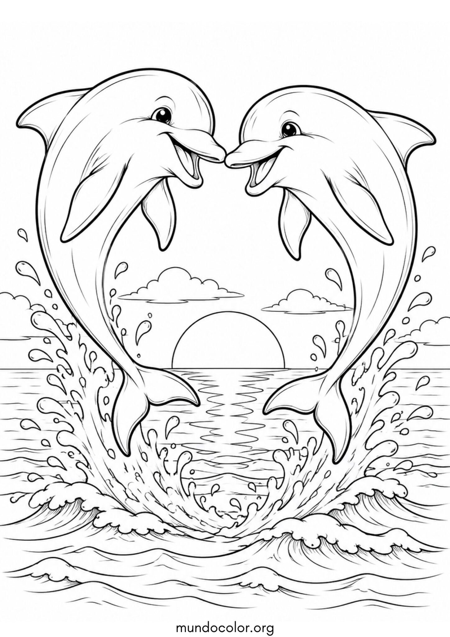 Dibujo de Dos delfines saltando juntos formando un corazón al atardecer para imprimir Dibujo de Dos delfines saltando juntos formando un corazón al atardecer para colorear