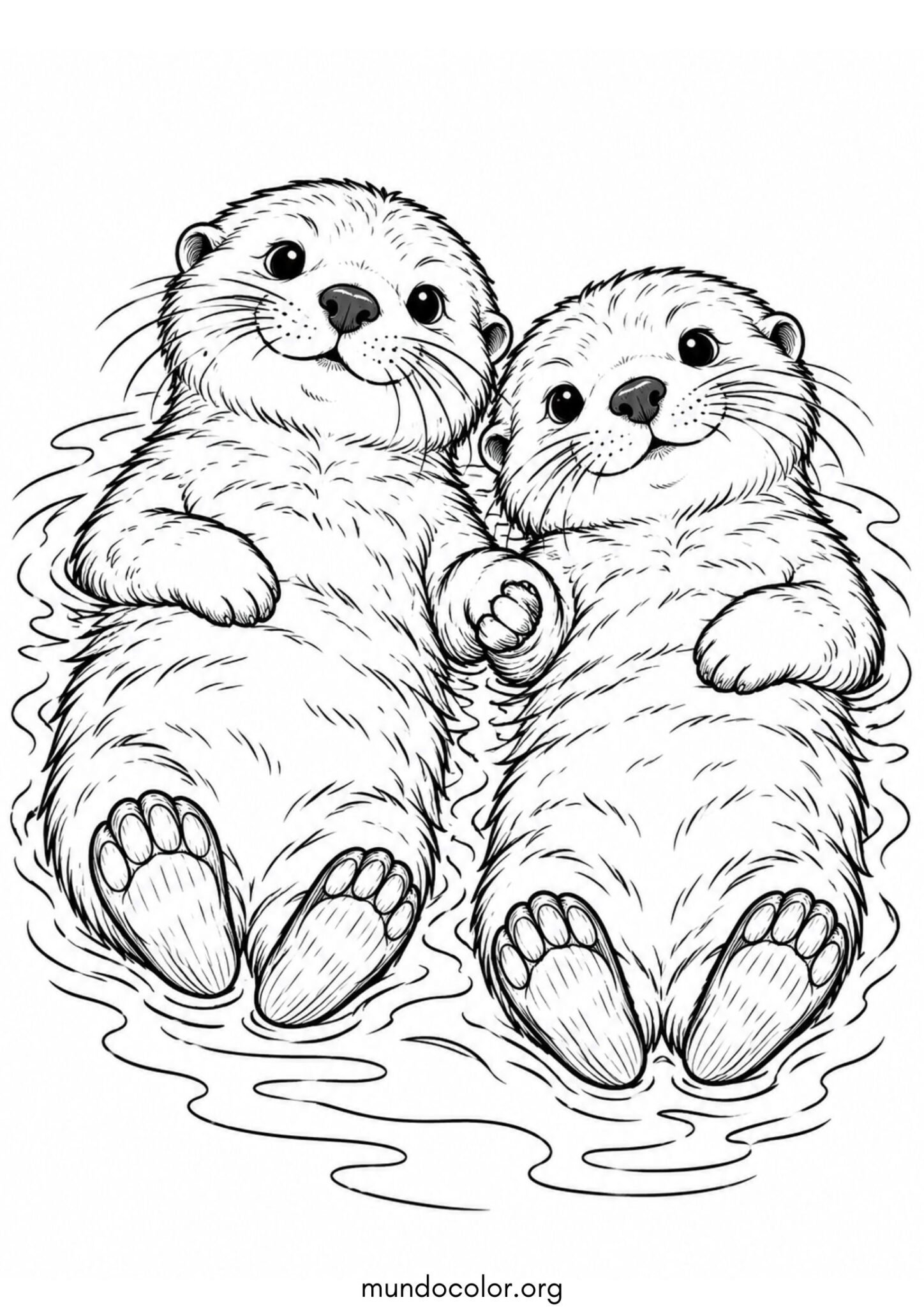Dos nutrias marinas flotando de espaldas agarradas de las patas en el agua para imprimir y pintar Dibujo de Dos nutrias marinas flotando de espaldas agarradas de las patas en el agua para colorear