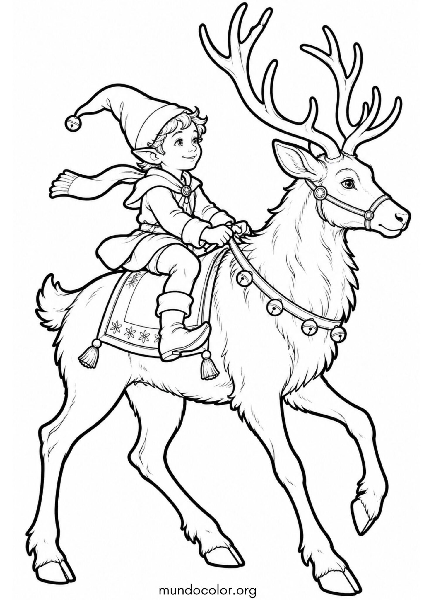 Dibujo de Elfo montado sobre un reno para colorear