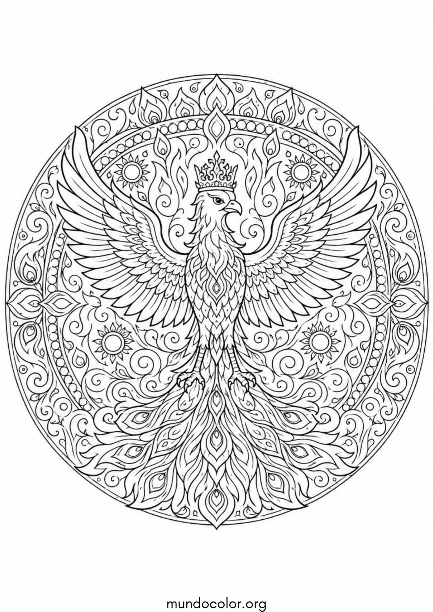 Dibujo de Fénix antiestrés estilo mandala para relajarse para colorear
