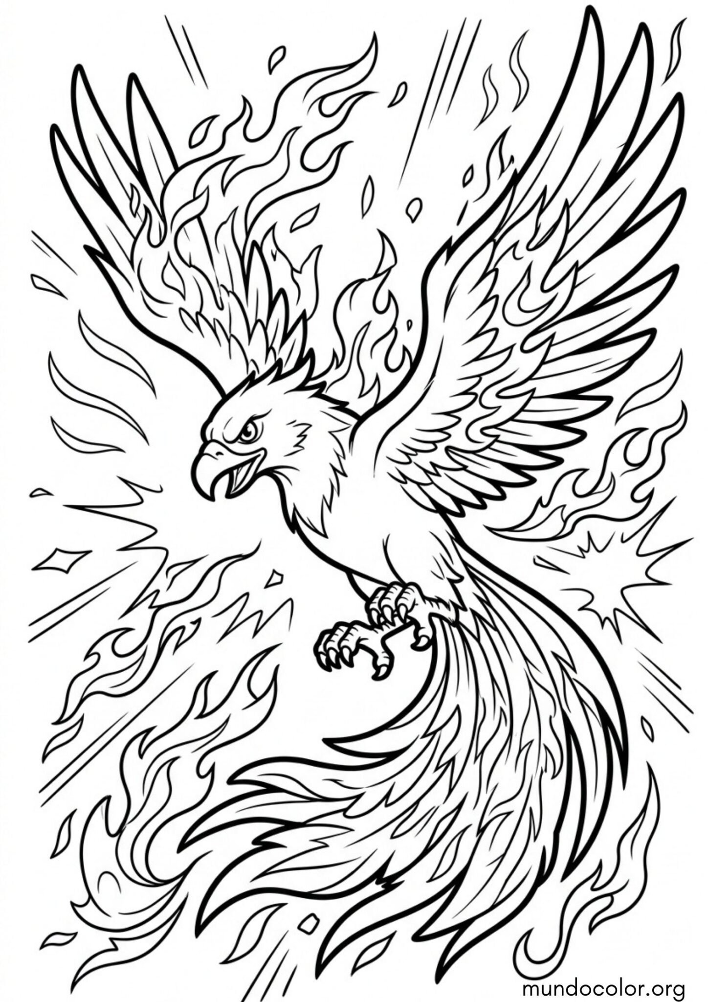 Dibujo de Fénix de fuego ardiente entre llamas para colorear
