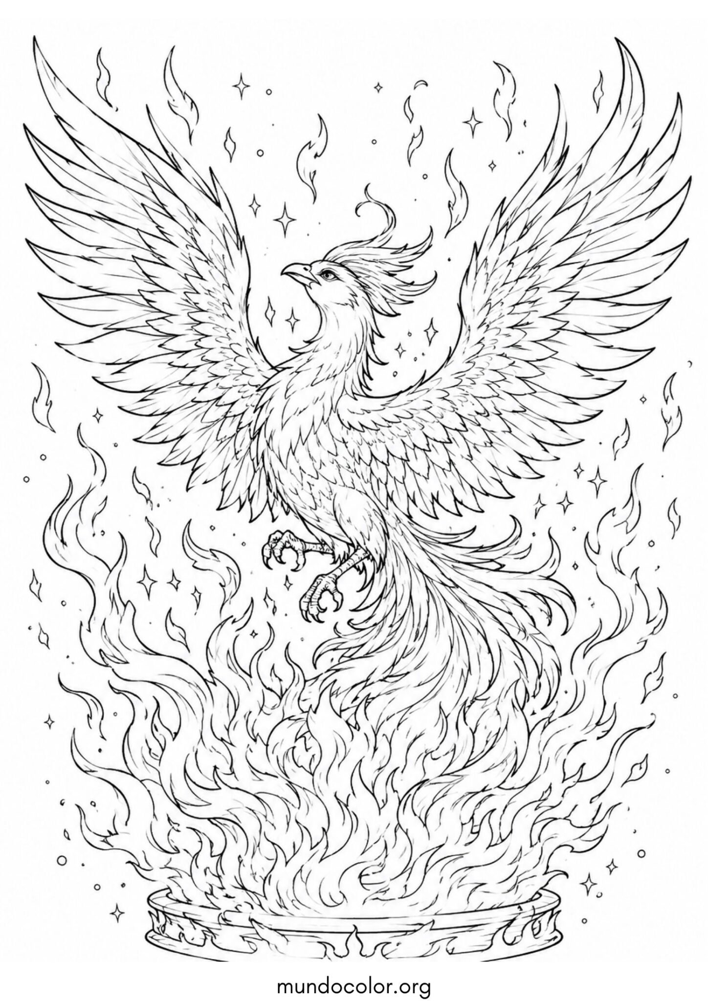 Dibujo de Fénix majestuoso emergiendo de una hoguera mágica con chispas de luz para imprimir Dibujo de Fénix majestuoso emergiendo de una hoguera mágica con chispas de luz para colorear