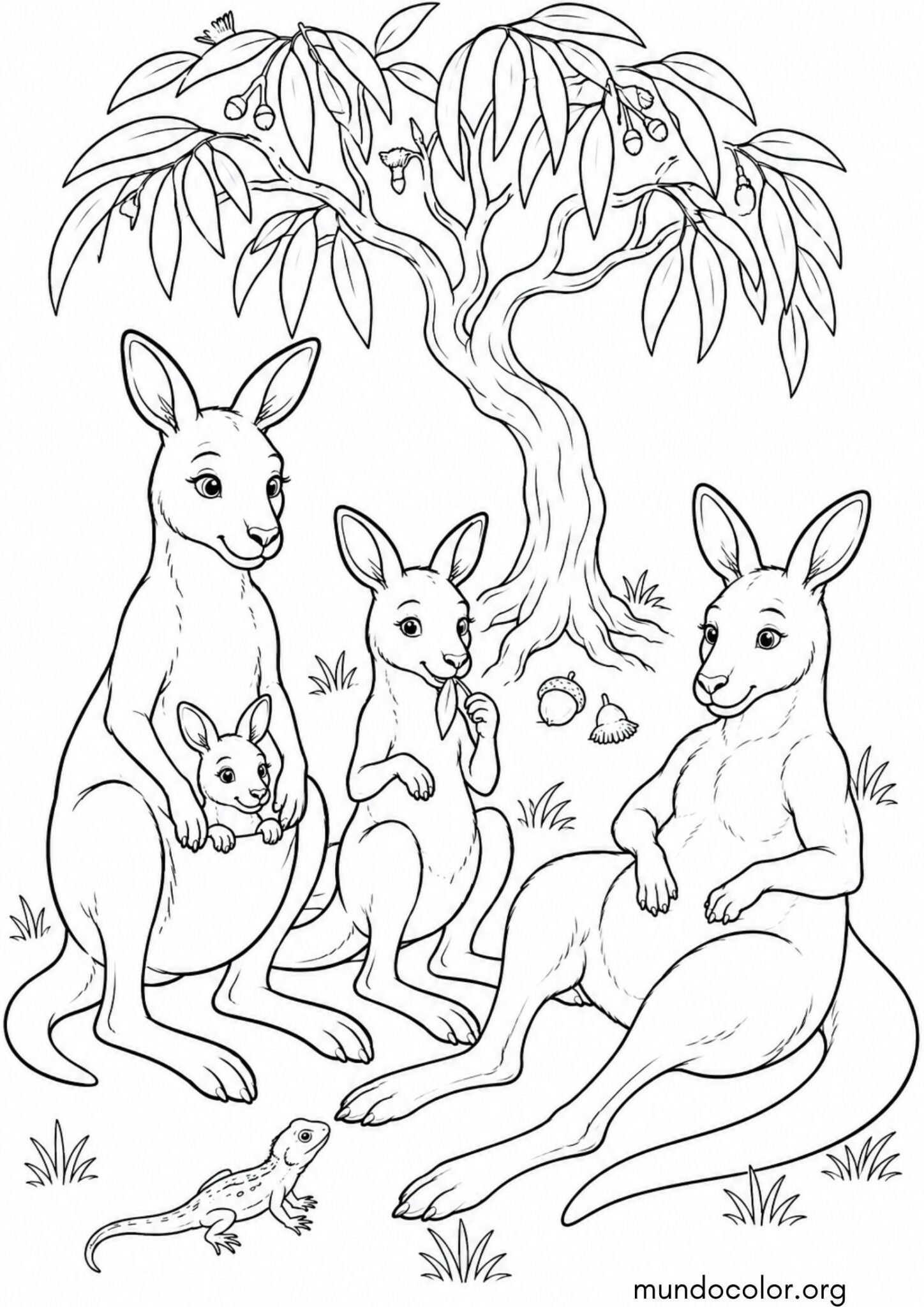 Dibujo de Familia de canguros descansando bajo la sombra de un árbol para colorear