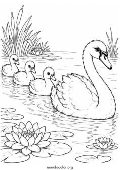 Familia de cisnes nadando juntos en fila india por el estanque
