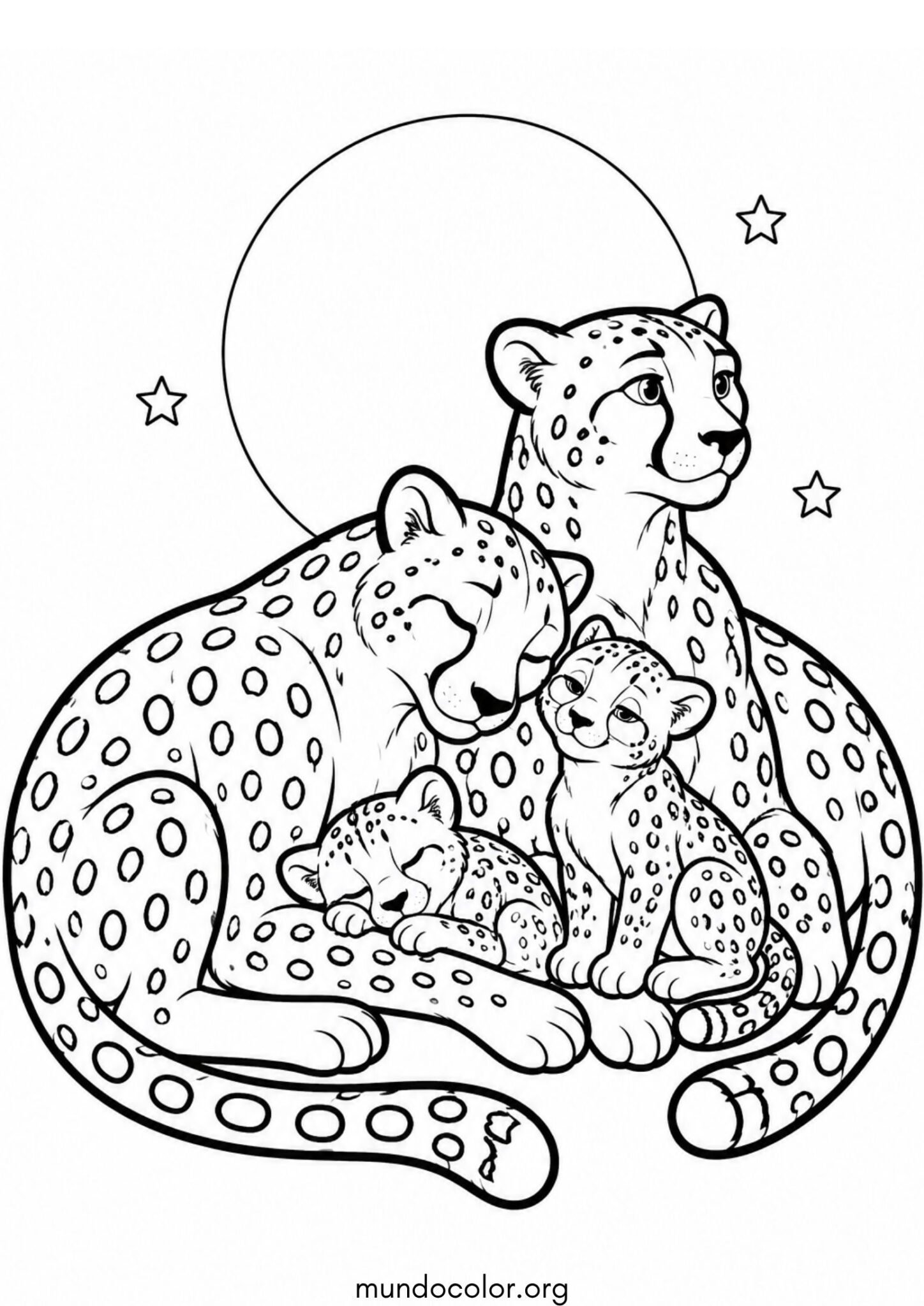 Dibujo de Familia de guepardos acurrucados juntos bajo la luna llena para colorear