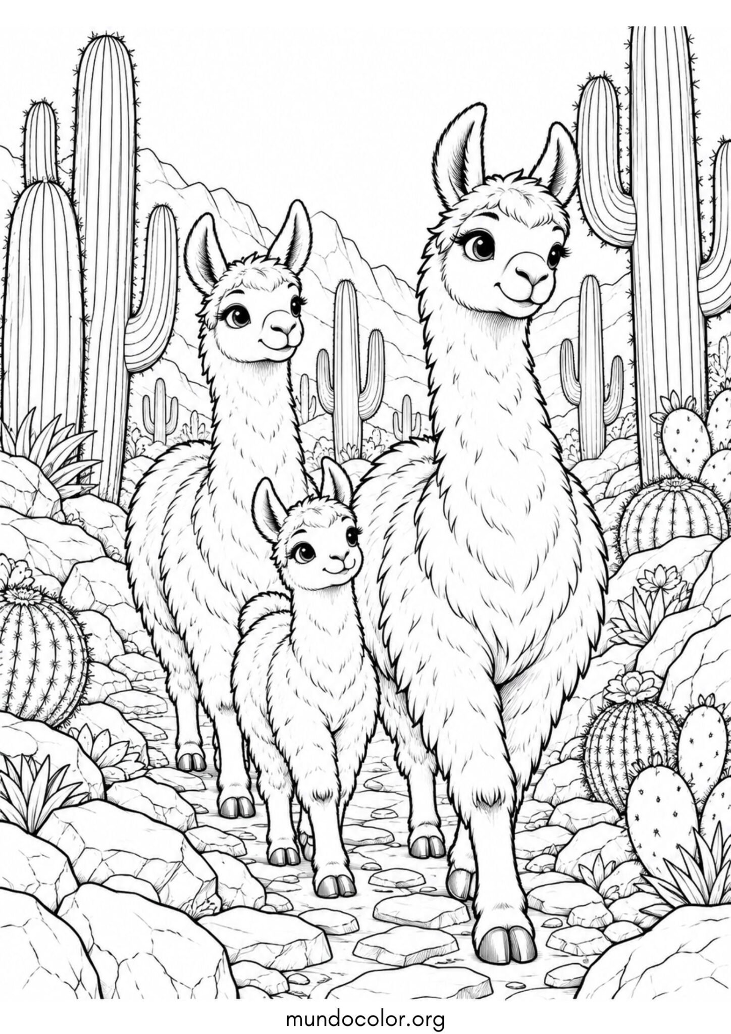 Dibujo de Familia de llamas caminando por un sendero rocoso rodeado de cactus gigantes para colorear