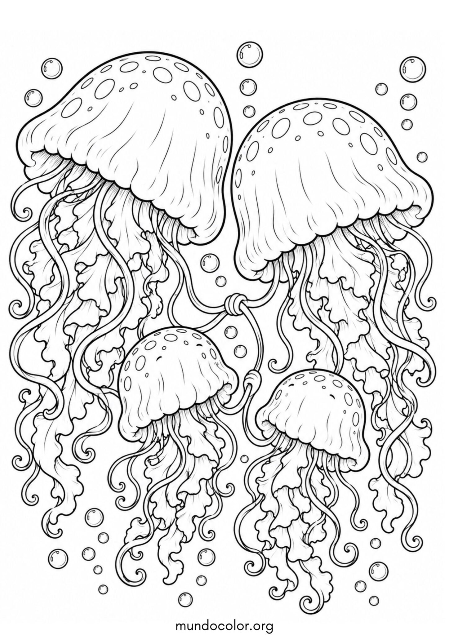 Dibujo de Familia de medusas felices tomadas de los tentáculos en el mar para colorear