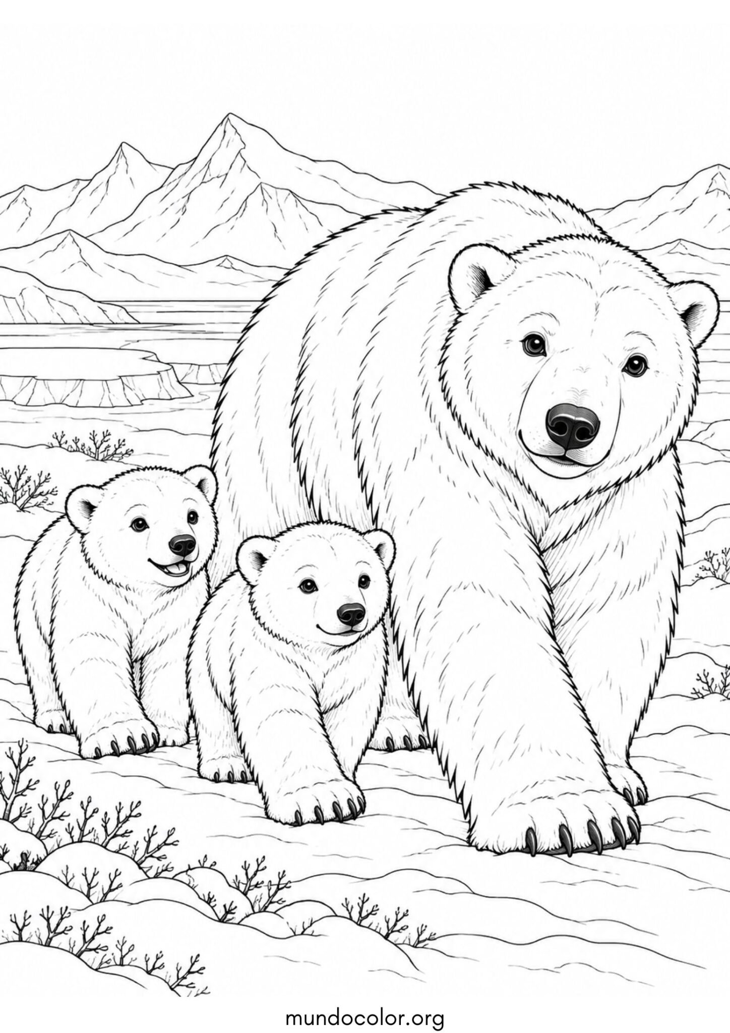 Dibujo de Familia de osos polares caminando juntos por la tundra nevada para colorear