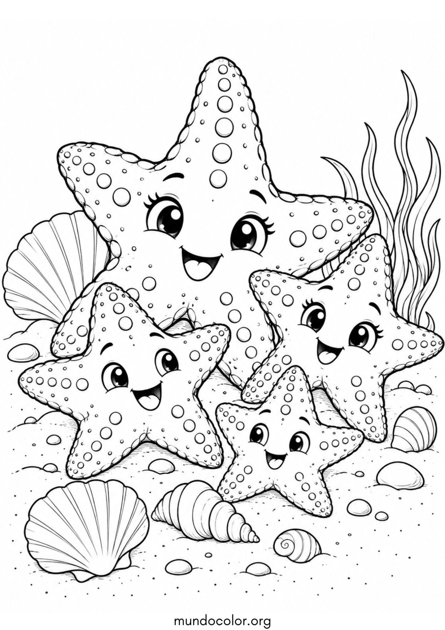 Dibujo de Familia de pequeñas estrellas de mar felices para colorear
