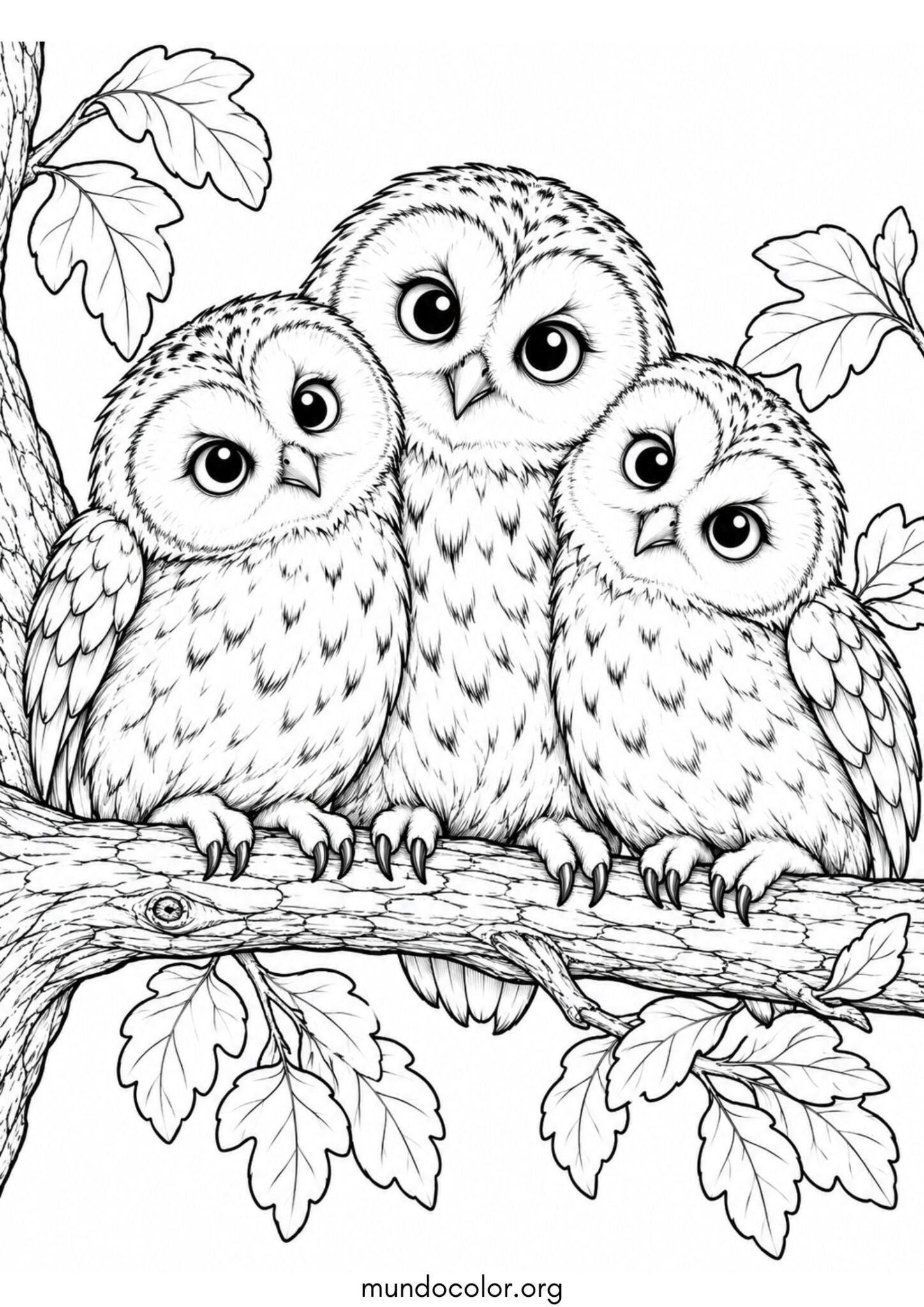 Dibujo de Familia de tres búhos pequeños sentados juntos y apretaditos en una rama para colorear