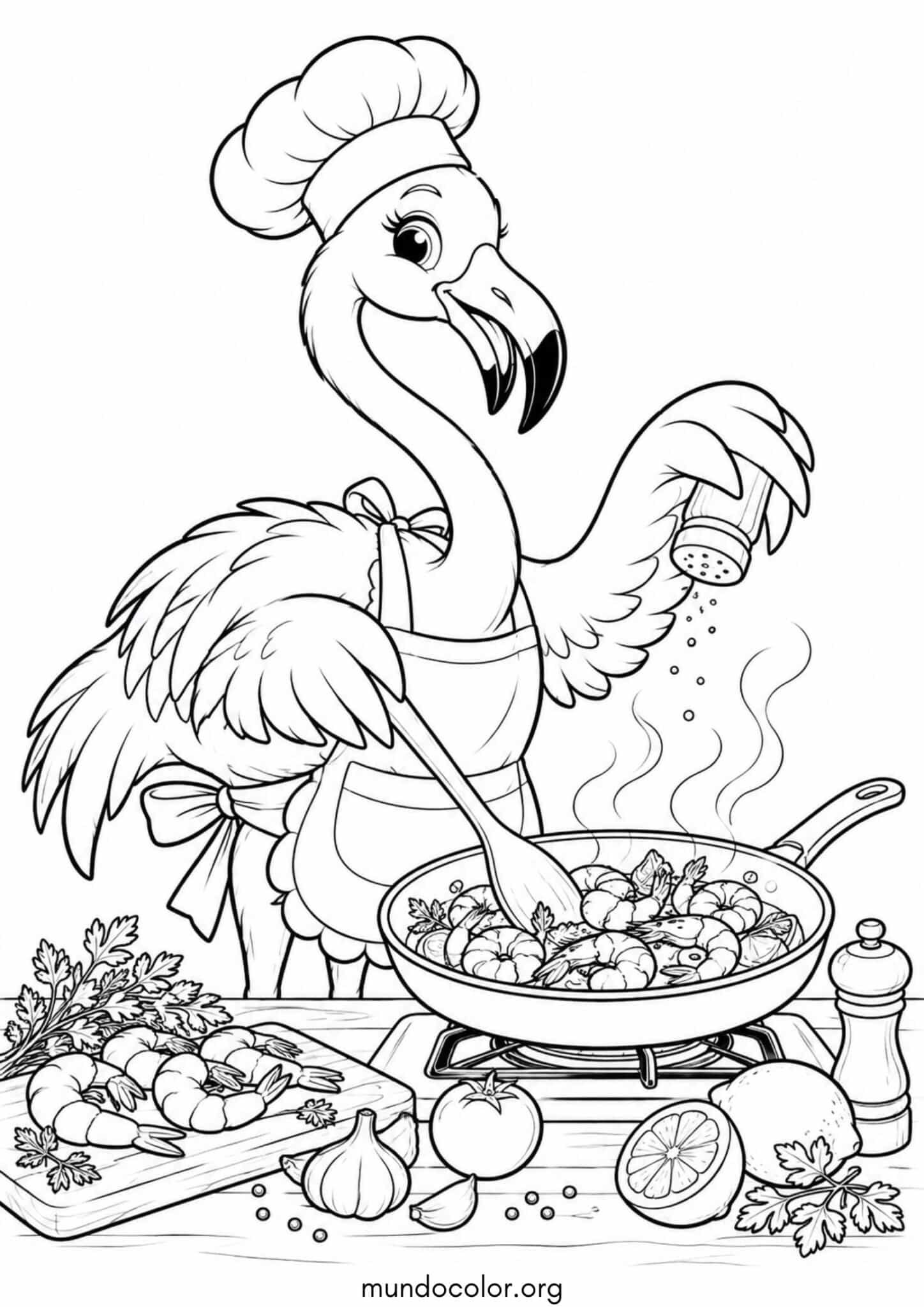 Dibujo de Flamenco chef con delantal cocinando un plato de camarones sabrosos para colorear