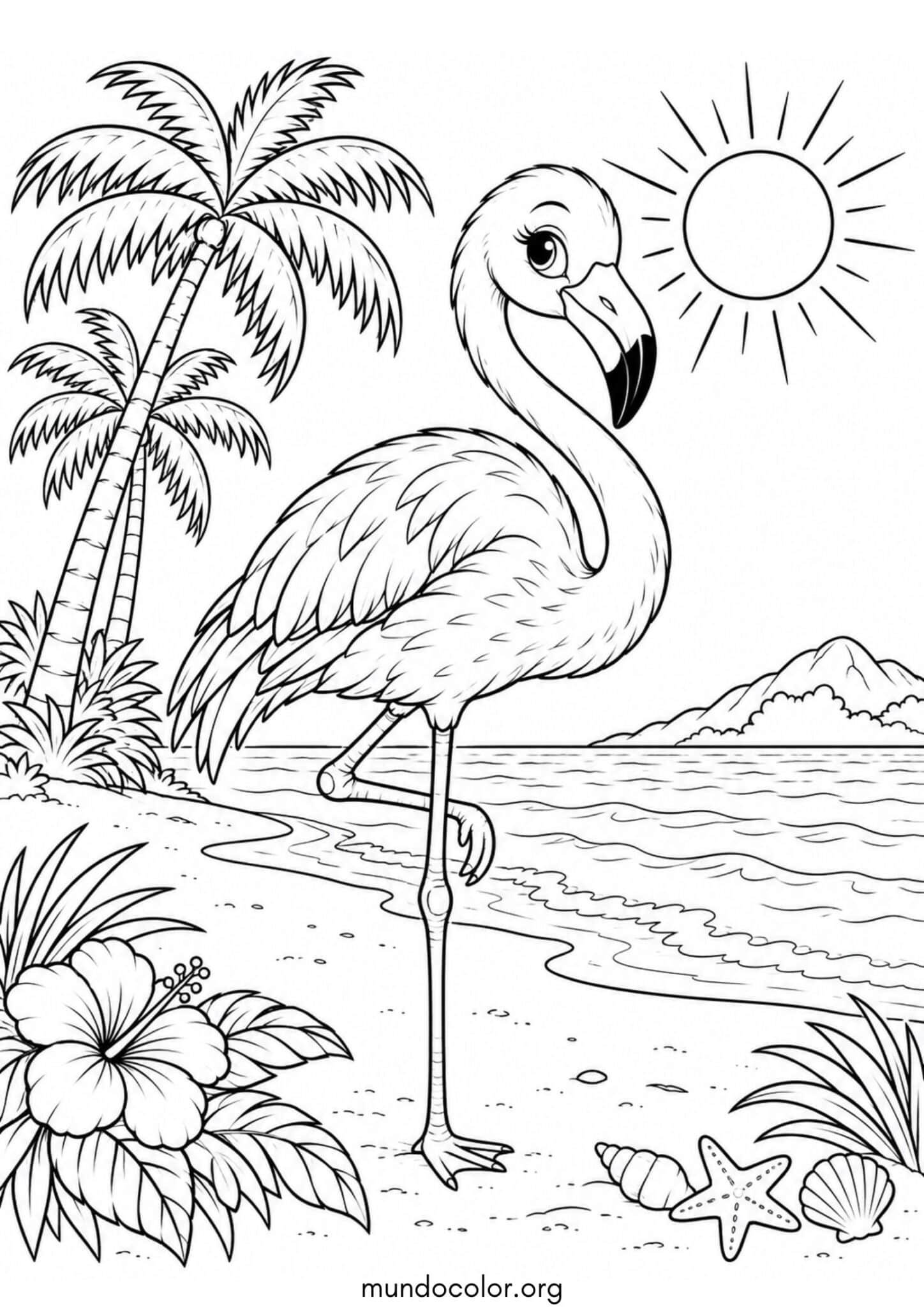 Dibujo de Flamenco sobre una pata en una playa tropical con palmeras y sol para colorear