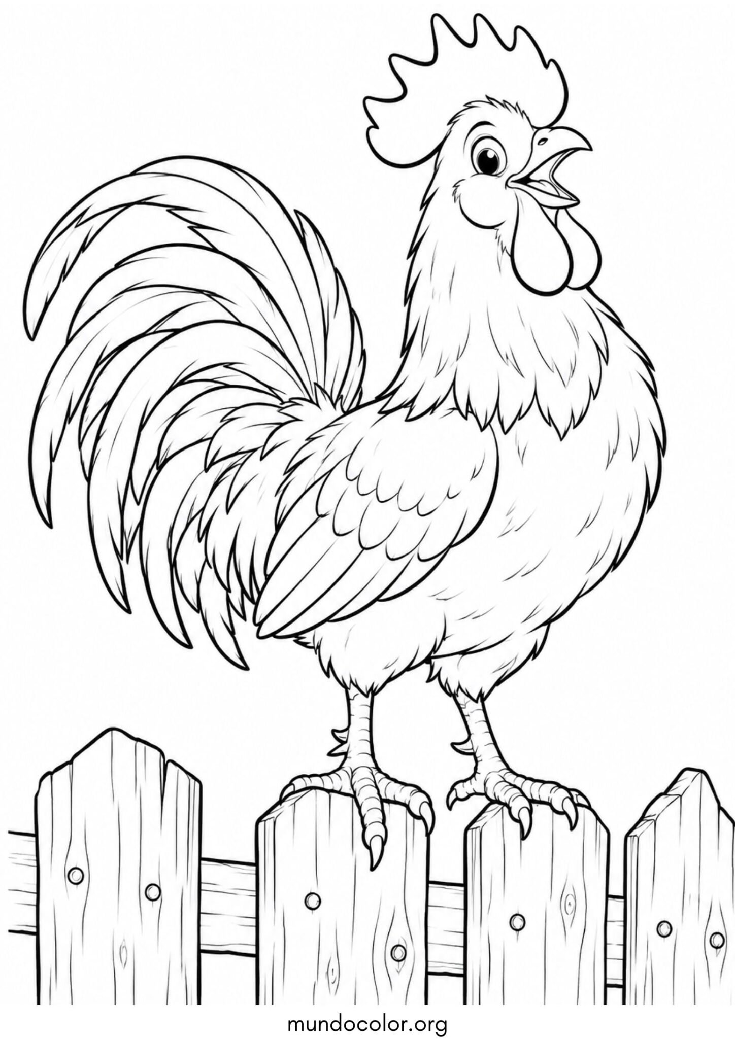 Dibujo de Gallo en una valla de madera para colorear