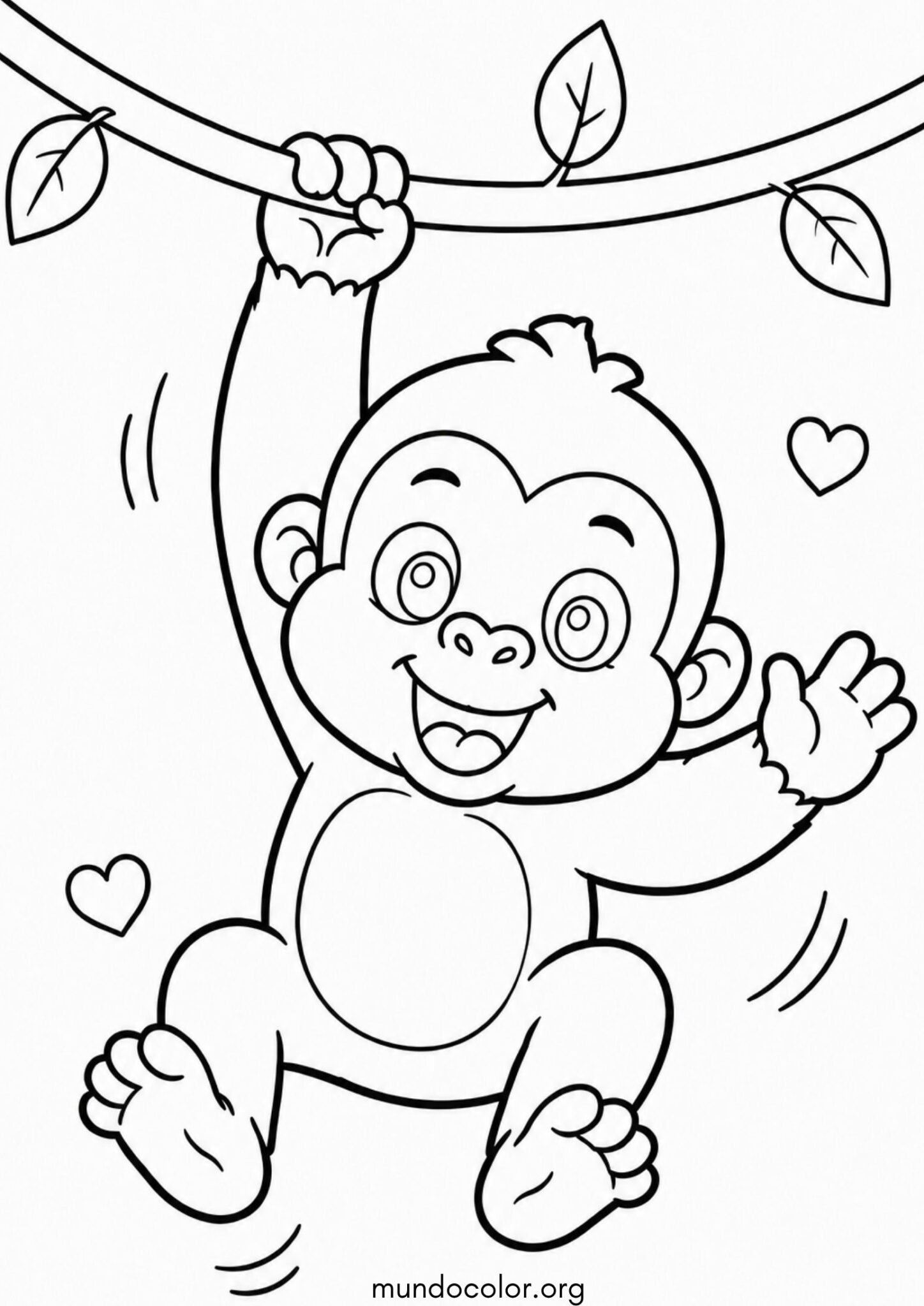 Dibujo de Gorila bebé jugando alegremente colgado de una liana estilo kawaii para colorear