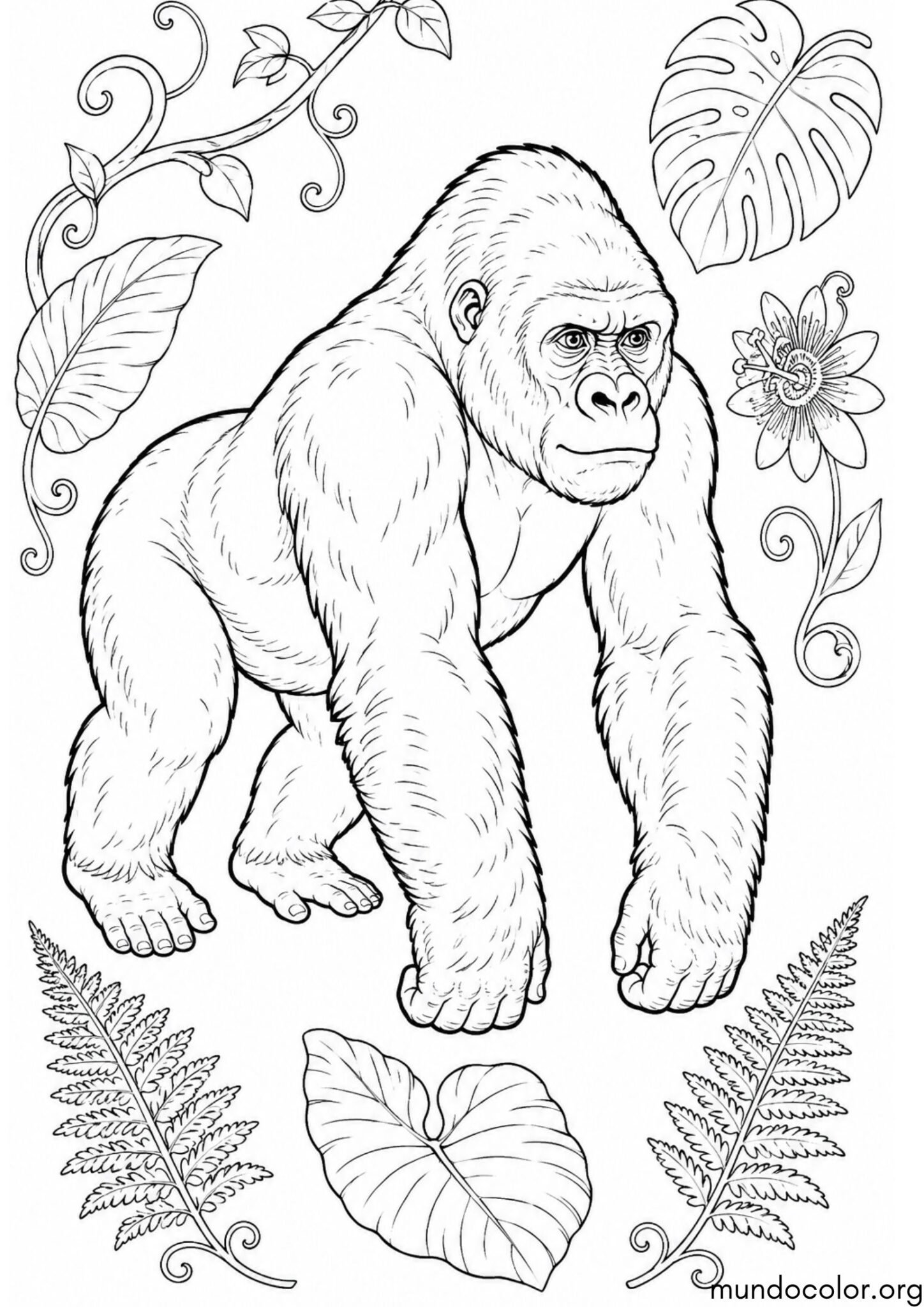 Dibujo de Gorila caminando sobre cuatro patas entre lianas y plantas exóticas para colorear