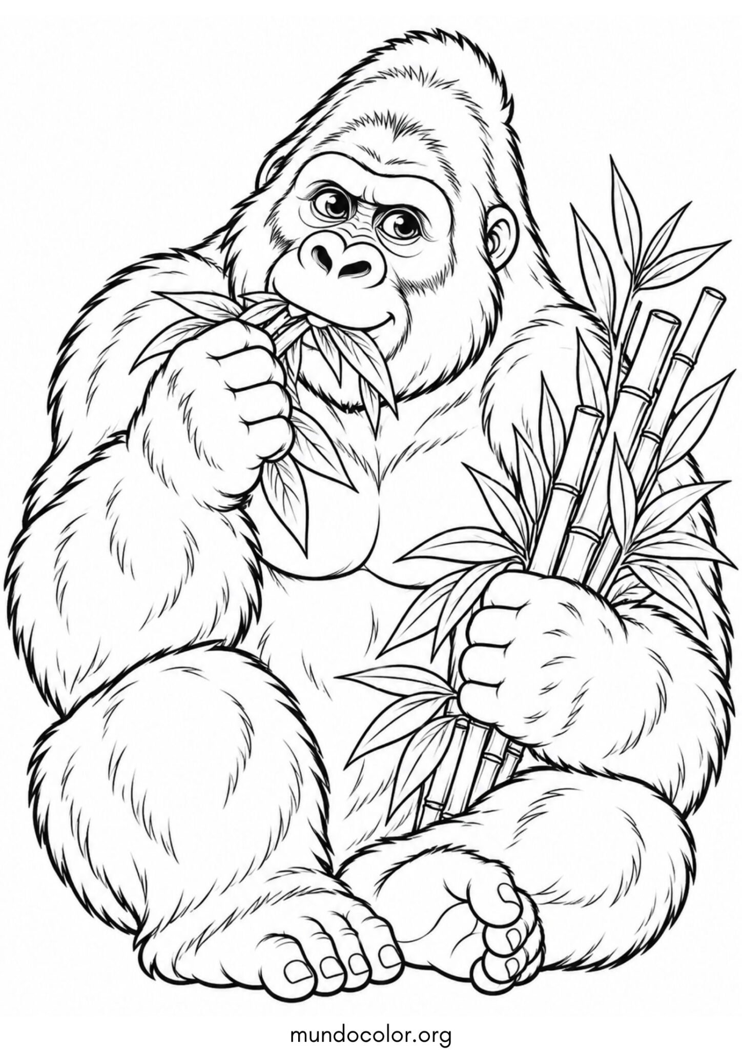 Dibujo de Gorila comiendo una rama de hojas verdes frescas y brotes de bambú para imprimir Dibujo de Gorila comiendo una rama de hojas verdes frescas y brotes de bambú para colorear