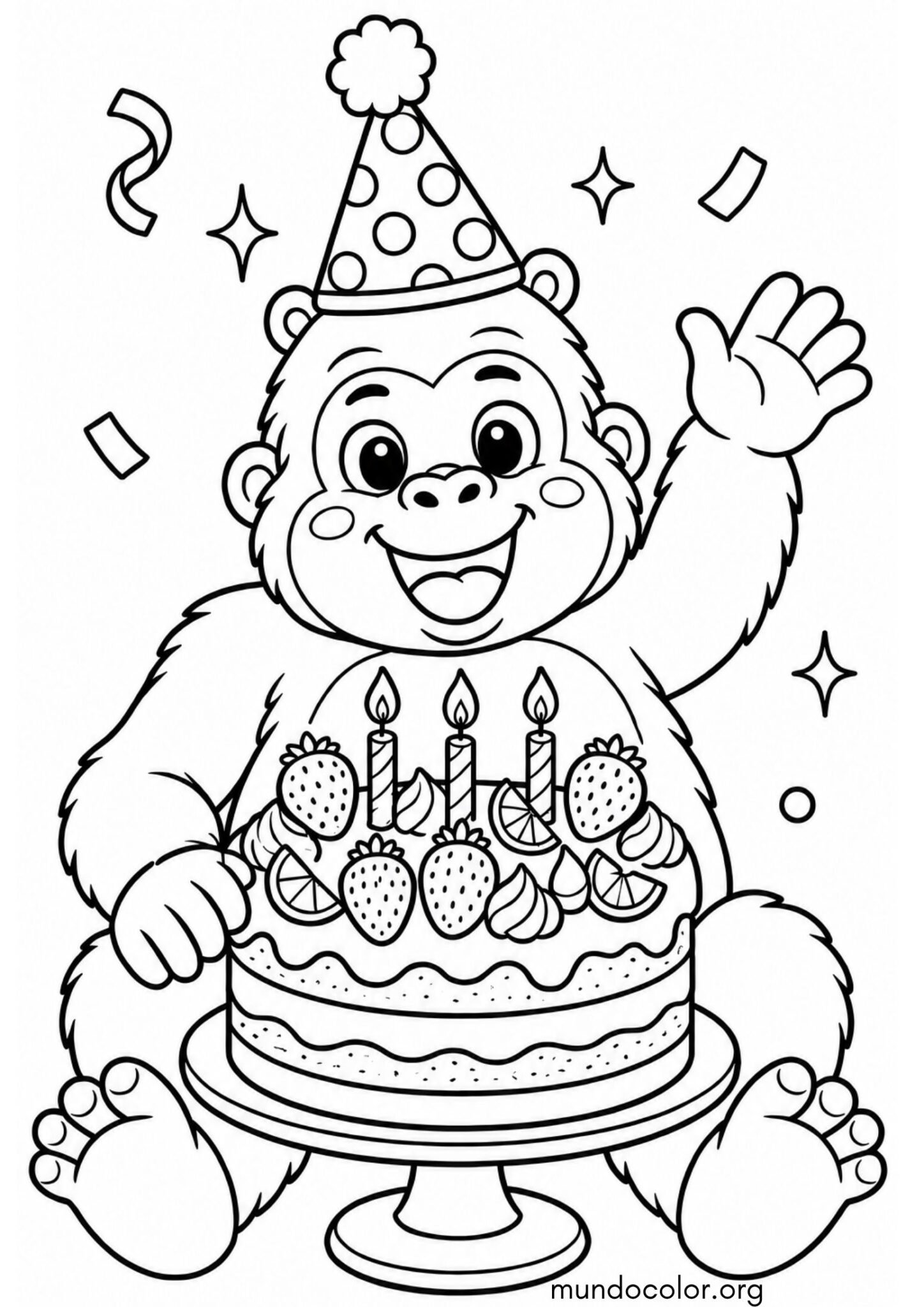 Dibujo de Gorila con gorrito de fiesta celebrando su cumpleaños con un pastel de frutas para imprimir Dibujo de Gorila con gorrito de fiesta celebrando su cumpleaños con un pastel de frutas para colorear