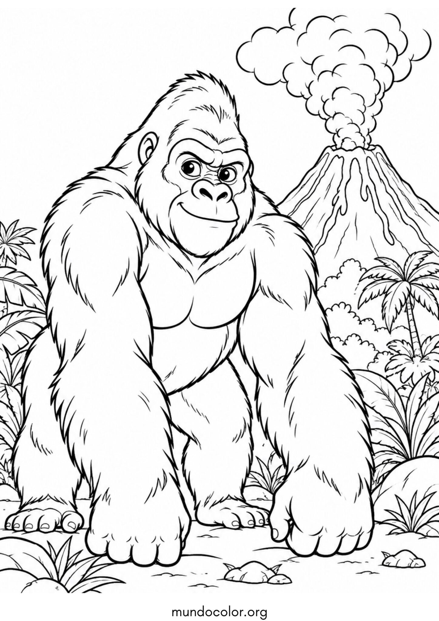 Dibujo de Gorila con volcán de fondo para imprimir Dibujo de Gorila con volcán de fondo para colorear