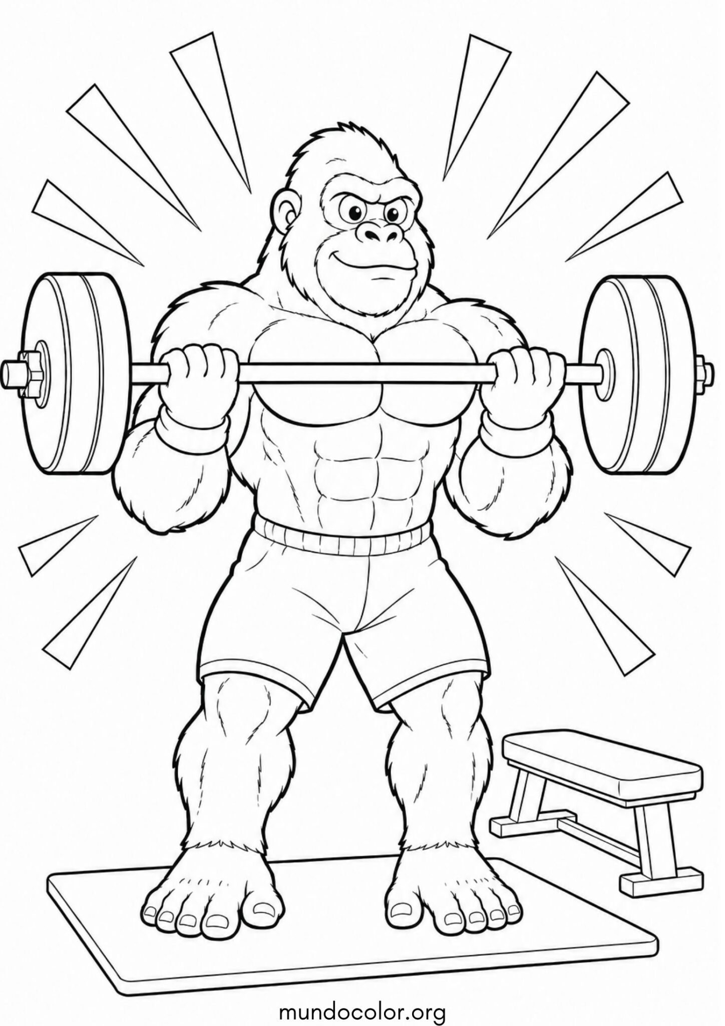 Dibujo de Gorila fuerte levantando pesas en el gimnasio estilo culturista para colorear