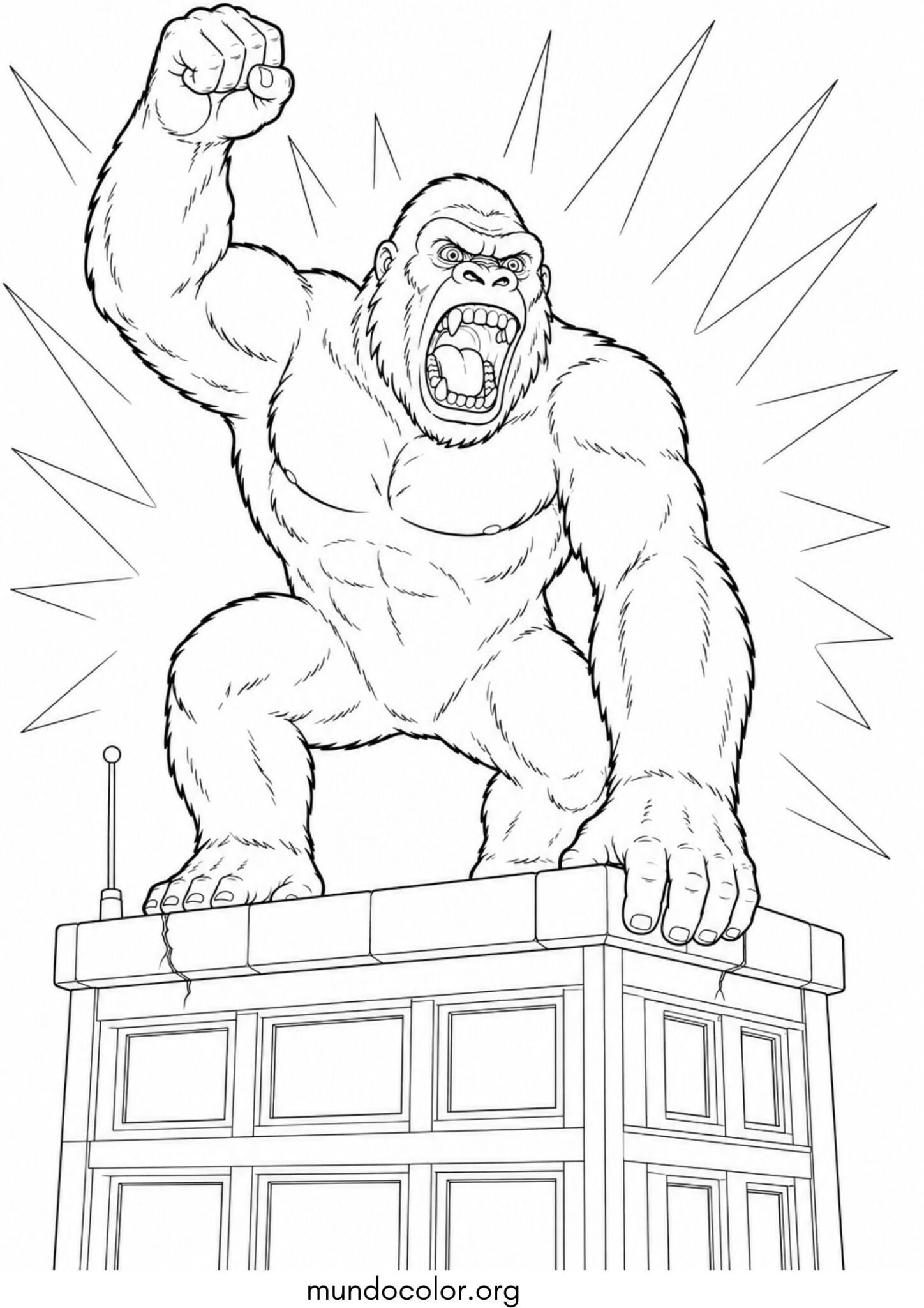 Dibujo de Gorila gigante estilo King Kong rugiendo sobre la cima de un edificio para colorear